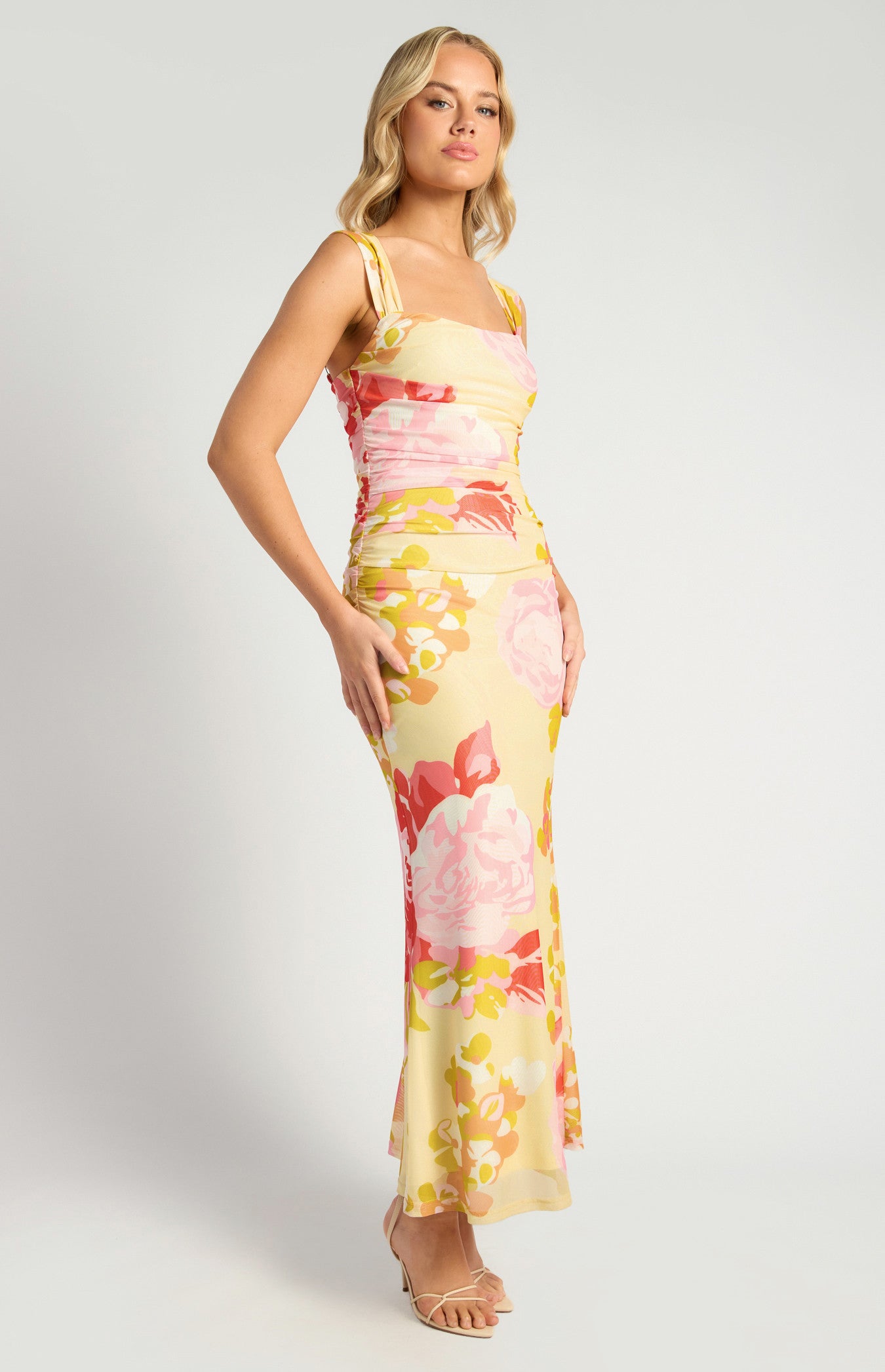 Floral Print Ruched Bodice Detail Mesh Dress