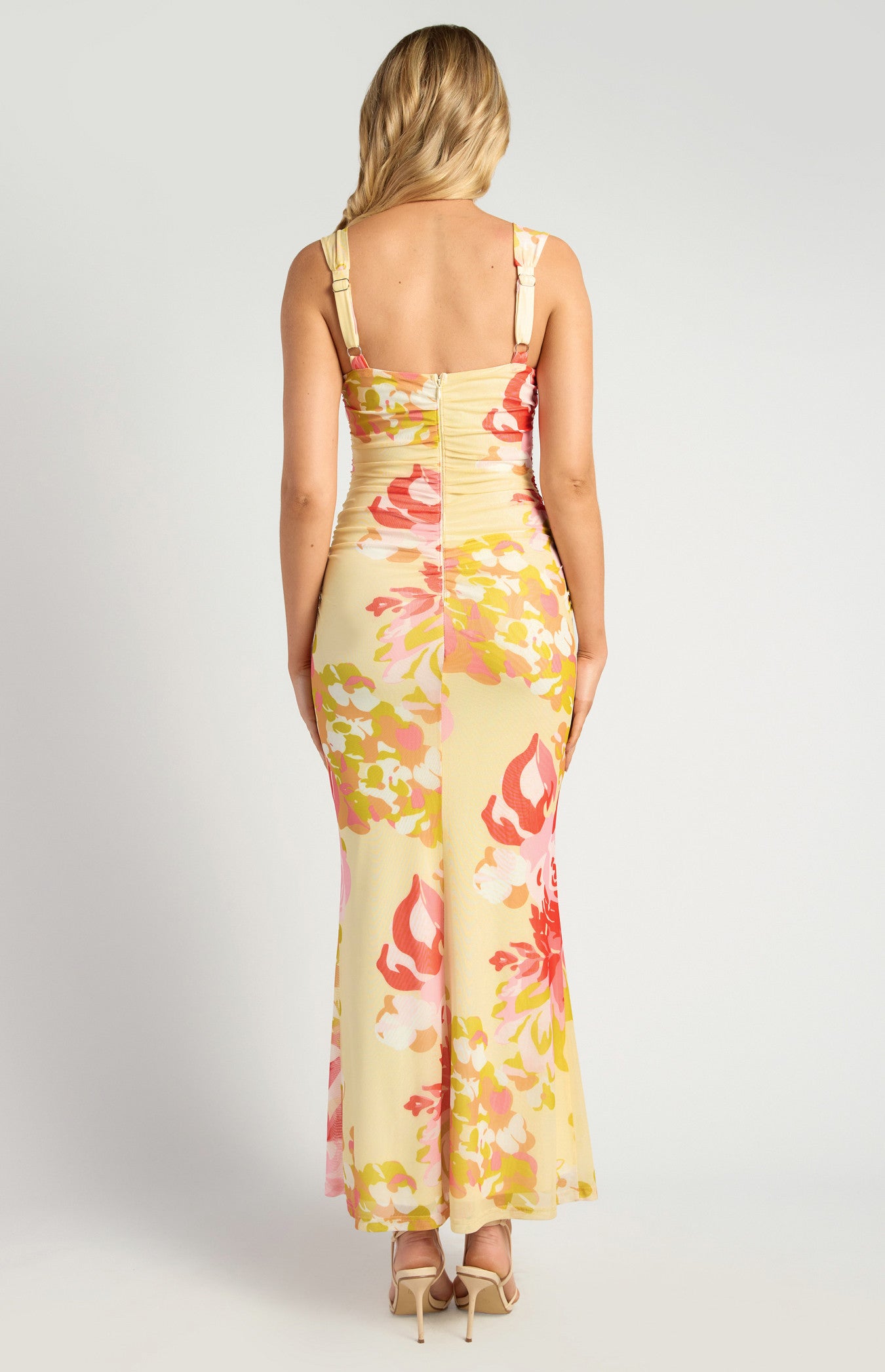 Floral Print Ruched Bodice Detail Mesh Dress