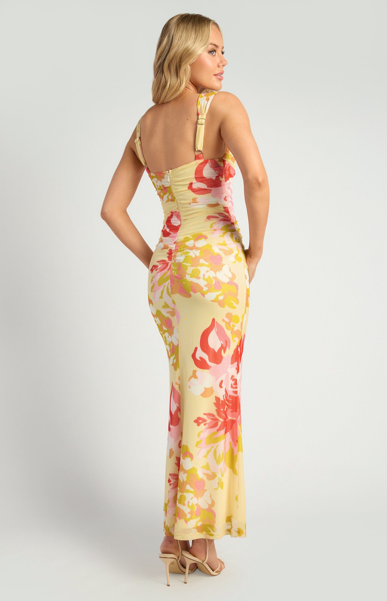 Floral Print Ruched Bodice Detail Mesh Dress