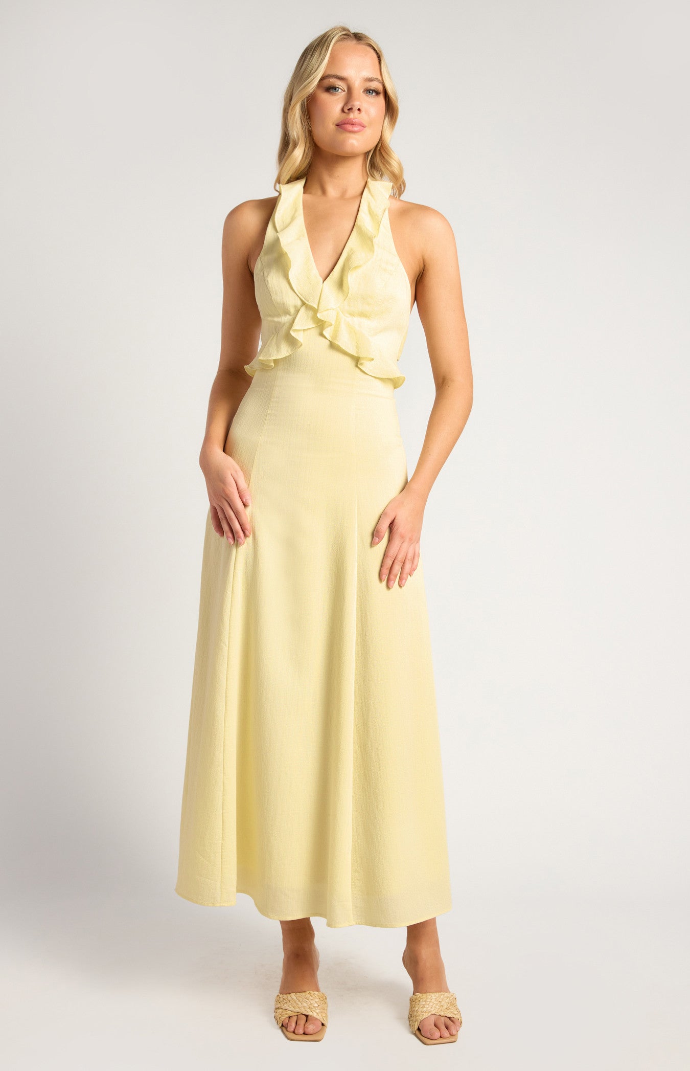 Frill Neckline Midi Dress with Gold Toggle Tie-Back Detail