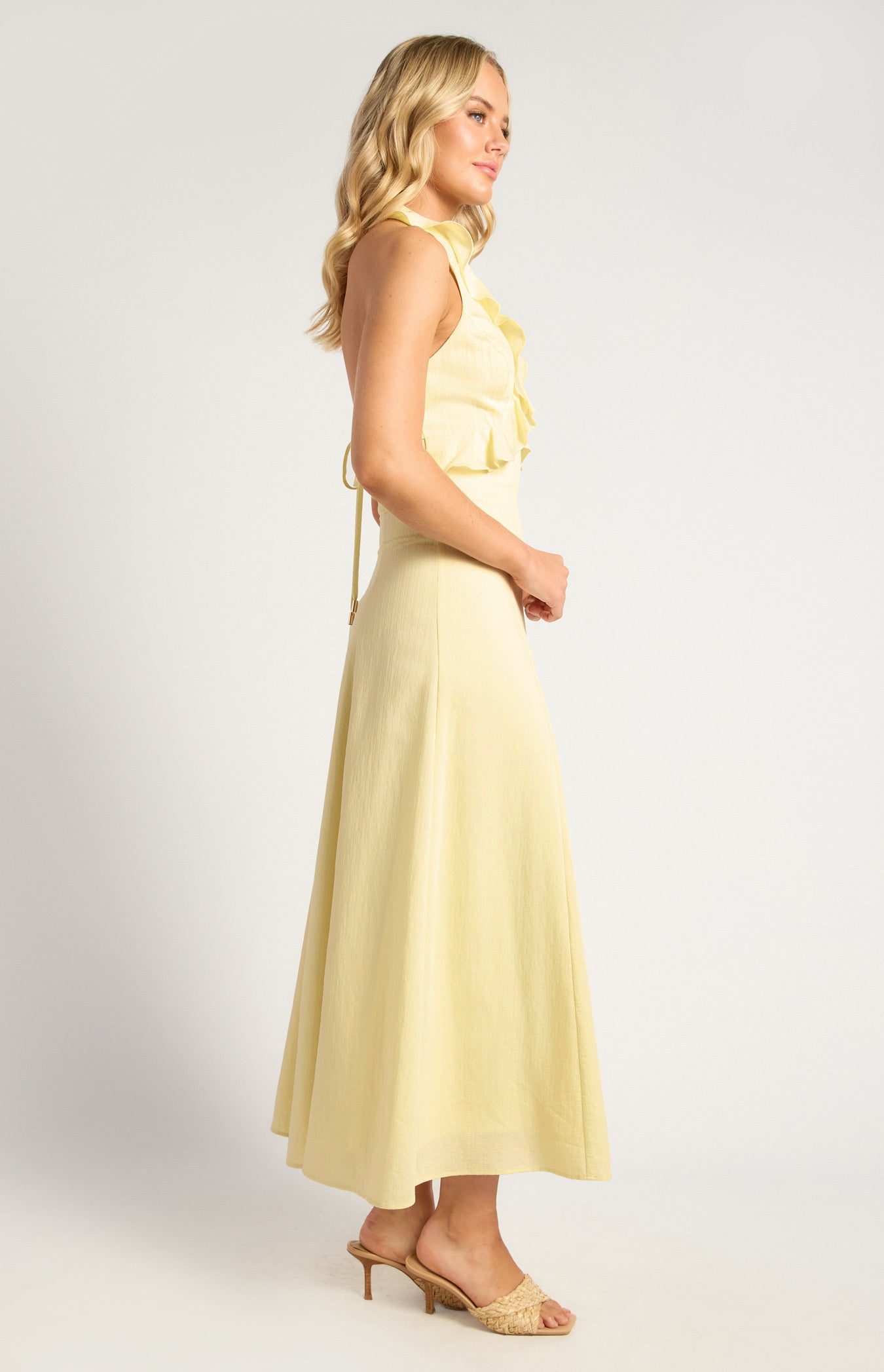 Frill Neckline Midi Dress with Gold Toggle Tie-Back Detail