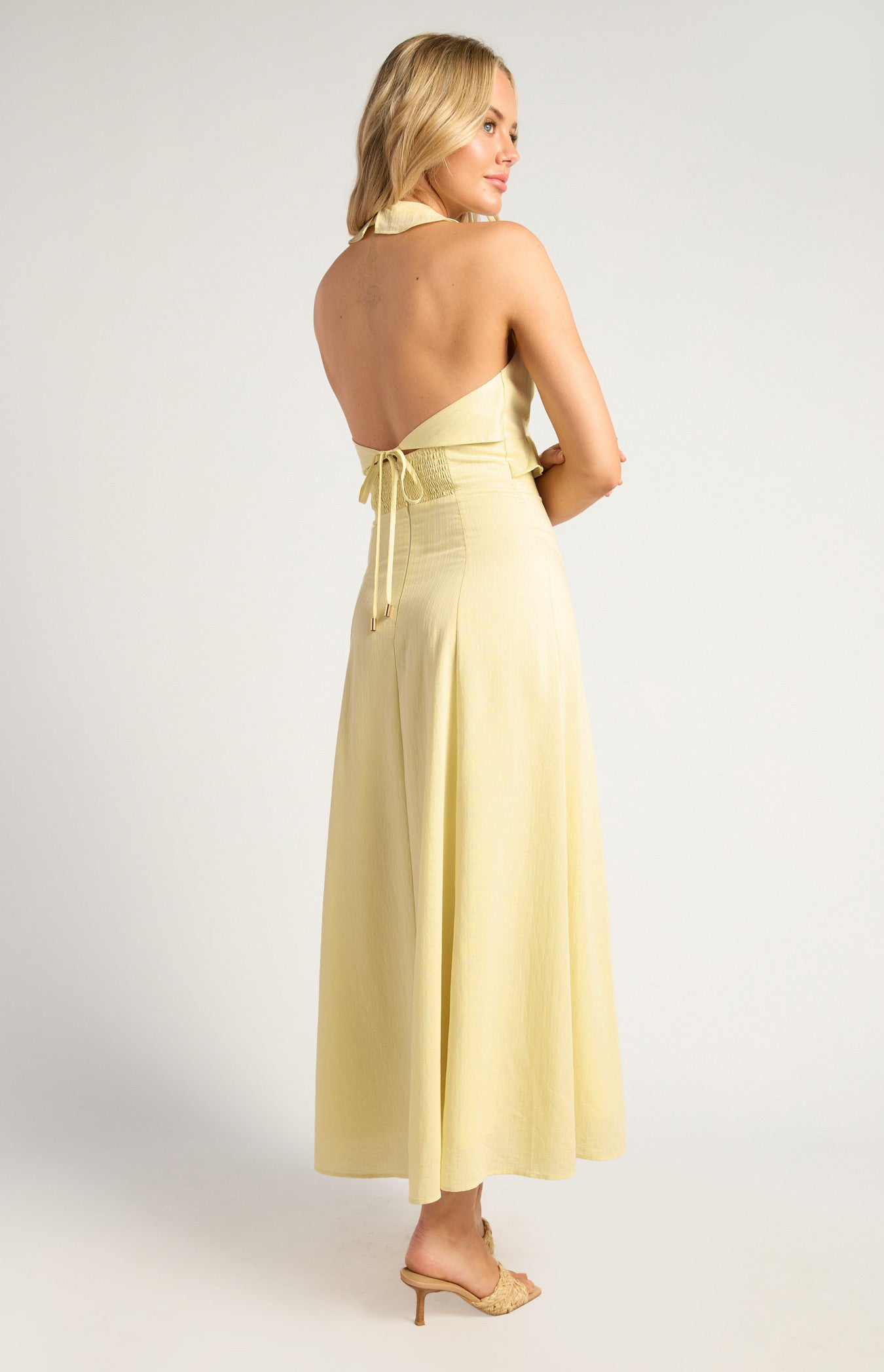 Frill Neckline Midi Dress with Gold Toggle Tie-Back Detail