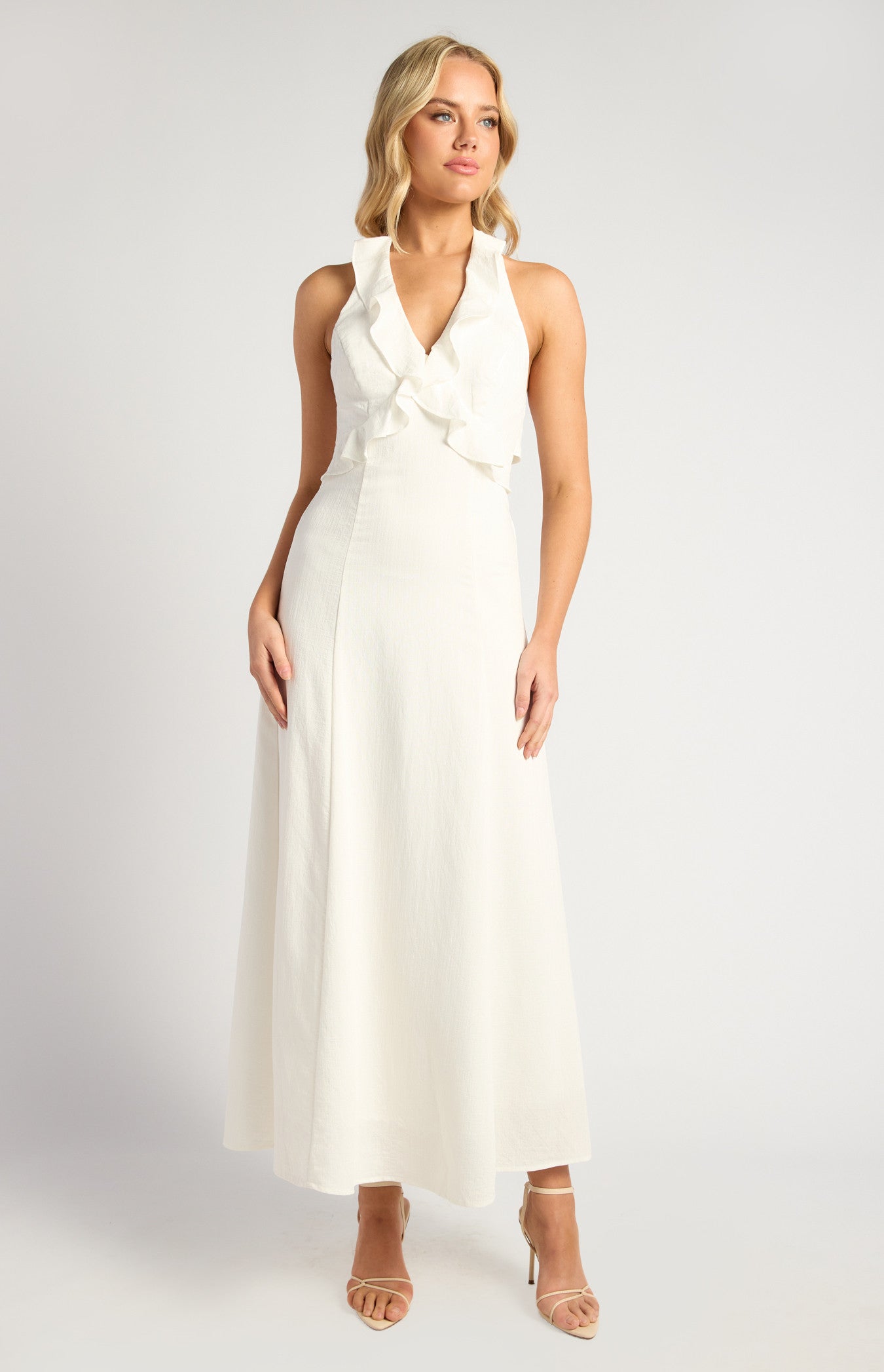 Frill Neckline Midi Dress with Gold Toggle Tie-Back Detail