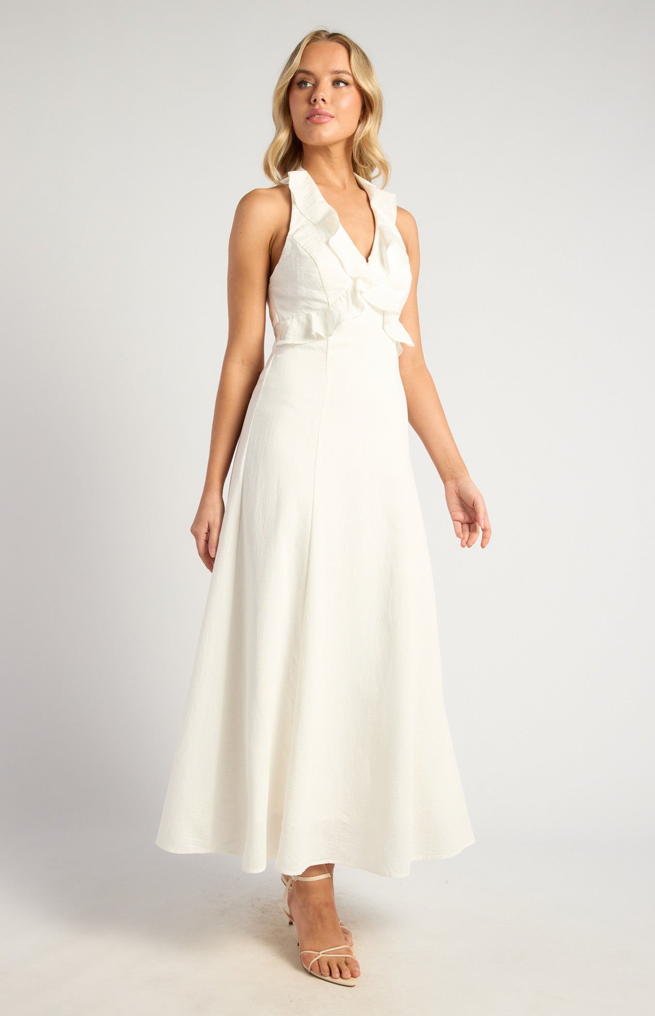 Frill Neckline Midi Dress with Gold Toggle Tie-Back Detail