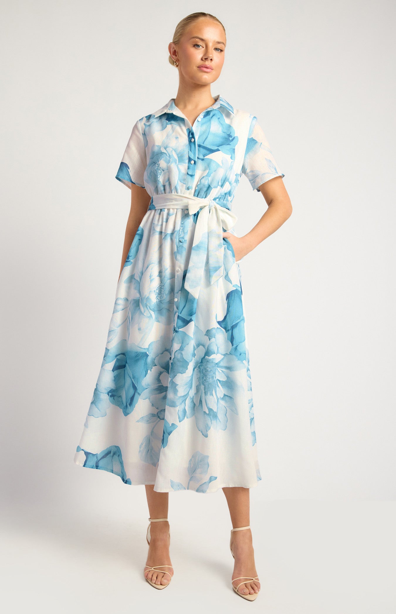 Faux Linen Floral Print Midi Shirt Dress with Waist Tie