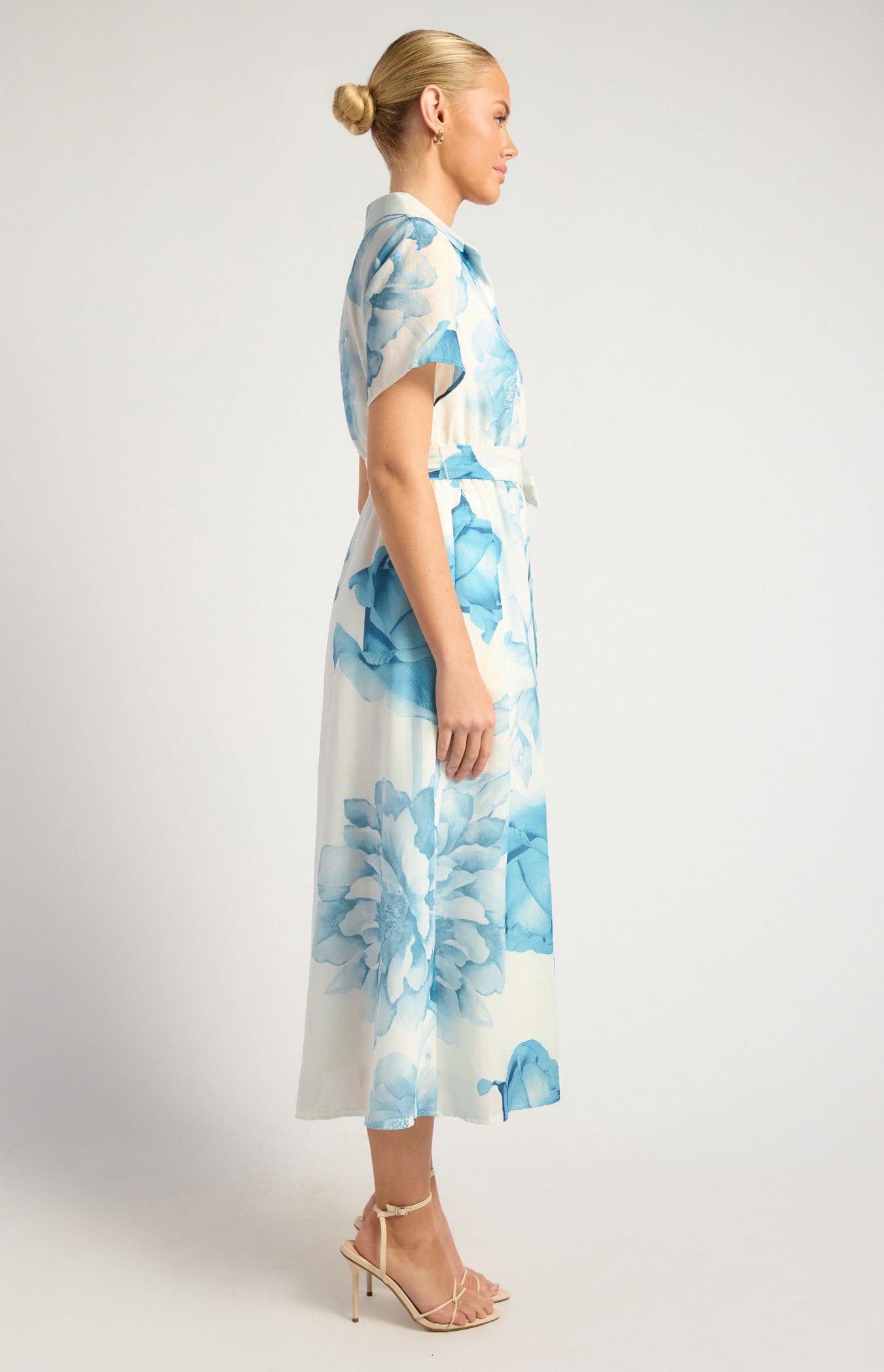Faux Linen Floral Print Midi Shirt Dress with Waist Tie