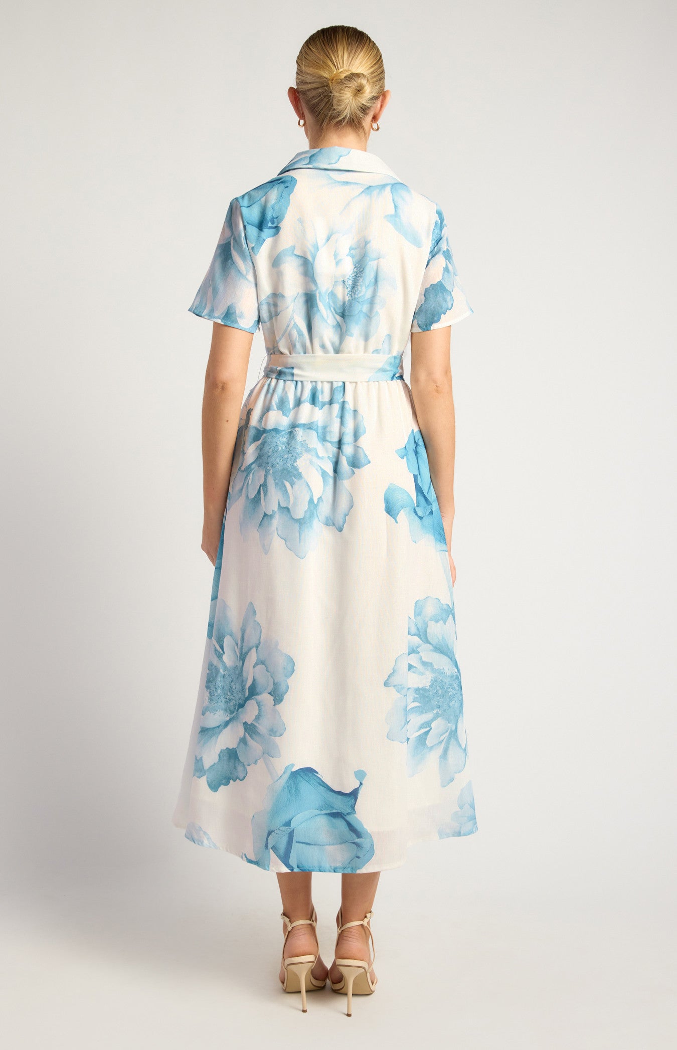 Faux Linen Floral Print Midi Shirt Dress with Waist Tie