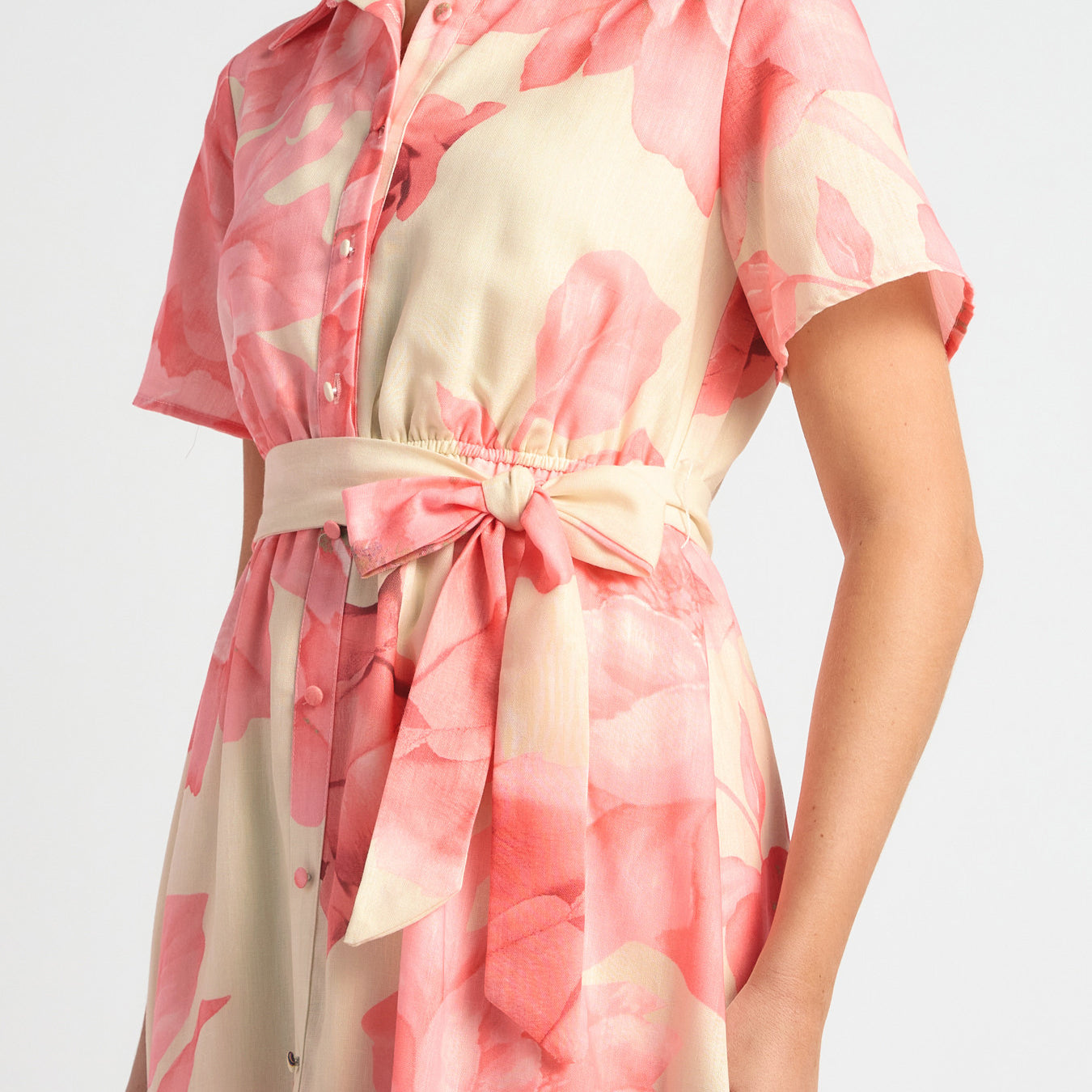 Faux Linen Floral Print Midi Shirt Dress with Waist Tie