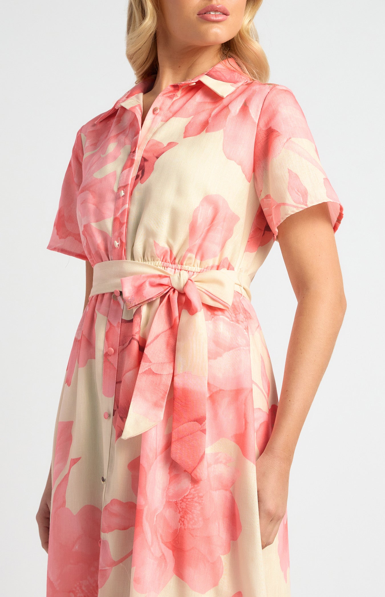 Faux Linen Floral Print Midi Shirt Dress with Waist Tie