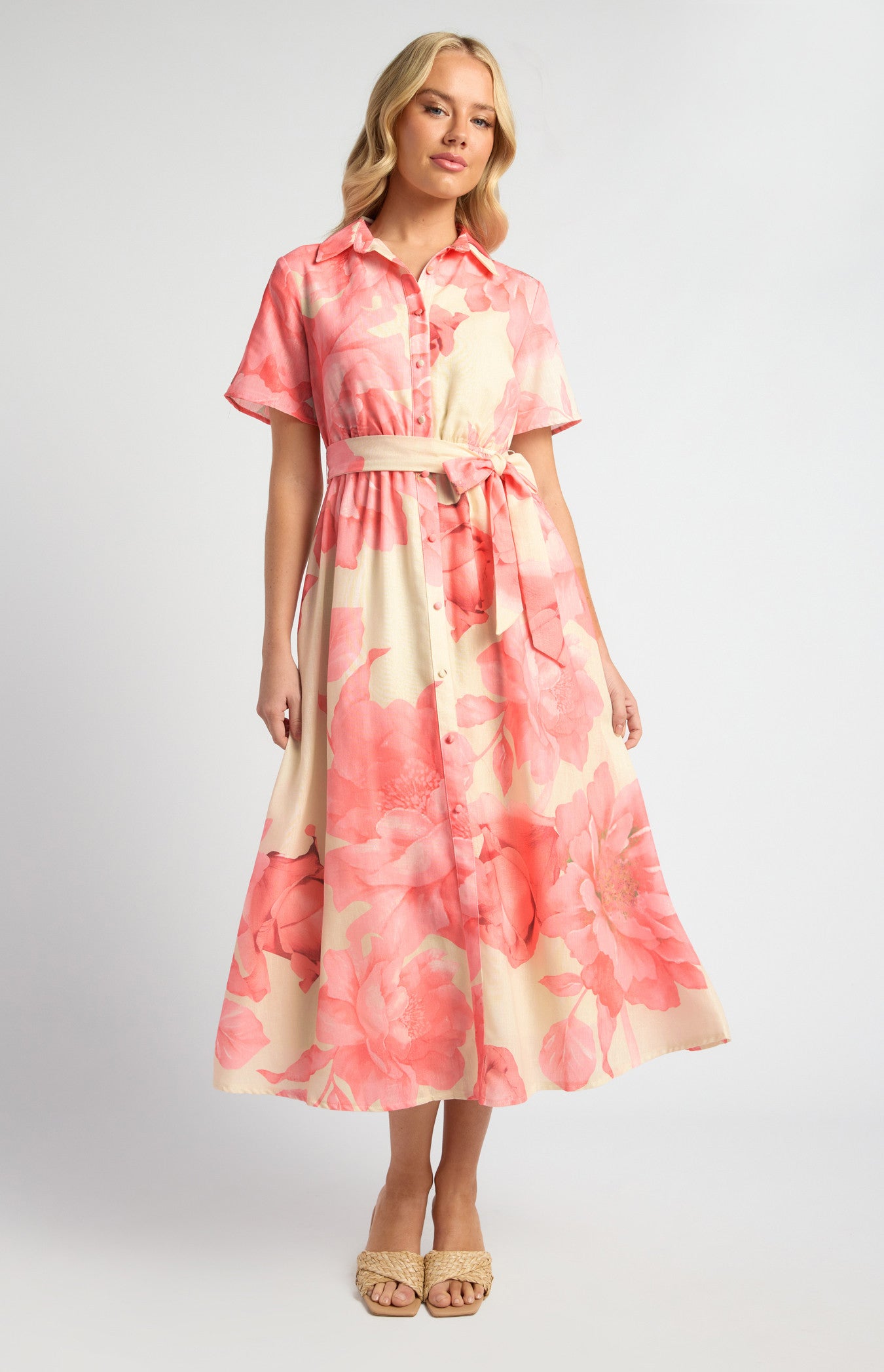 Faux Linen Floral Print Midi Shirt Dress with Waist Tie