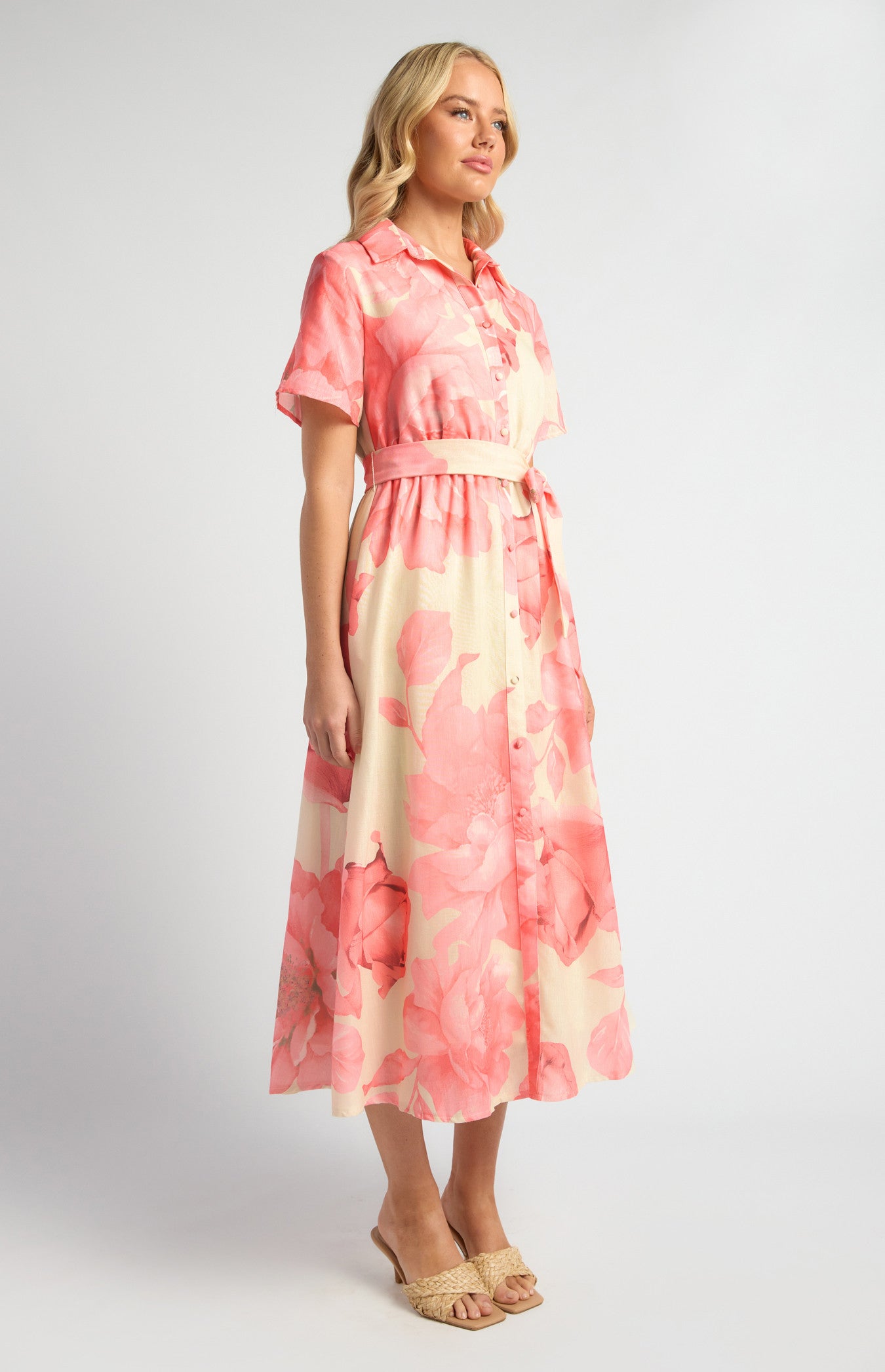 Faux Linen Floral Print Midi Shirt Dress with Waist Tie