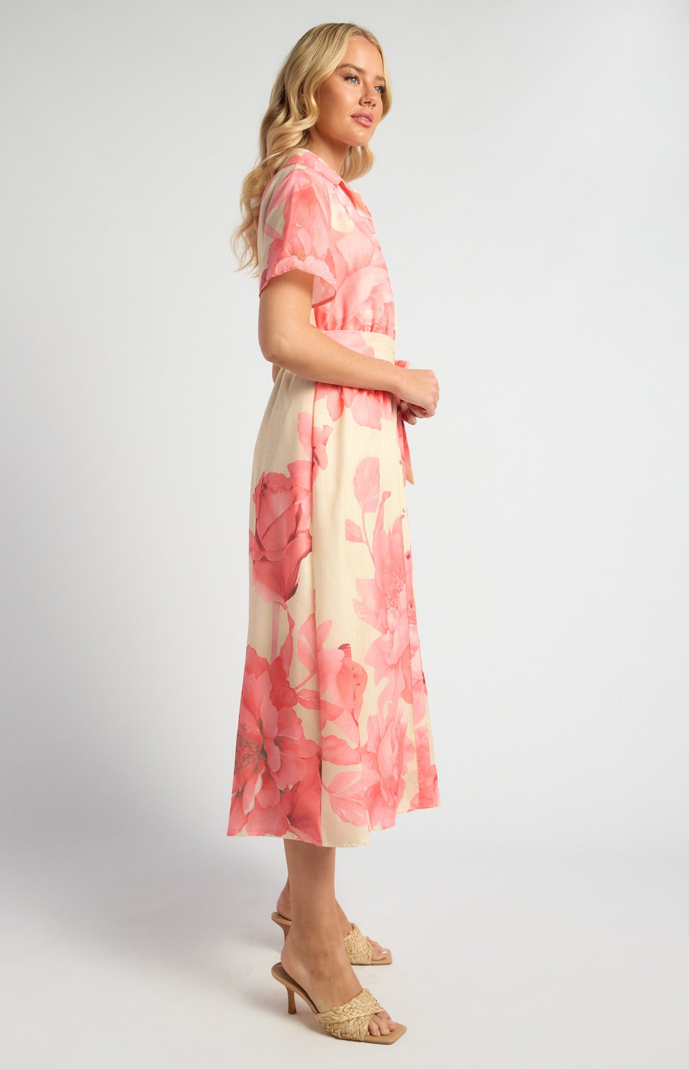 Faux Linen Floral Print Midi Shirt Dress with Waist Tie