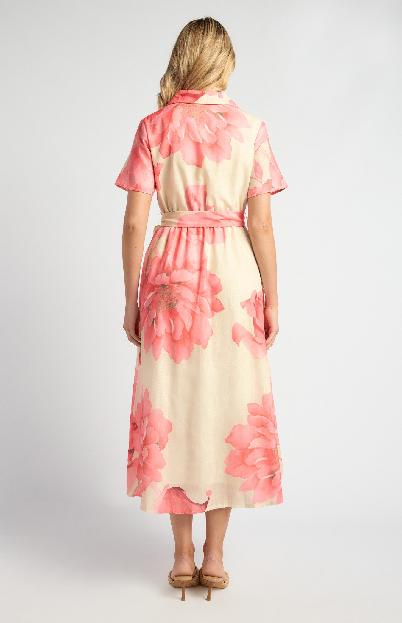 Faux Linen Floral Print Midi Shirt Dress with Waist Tie