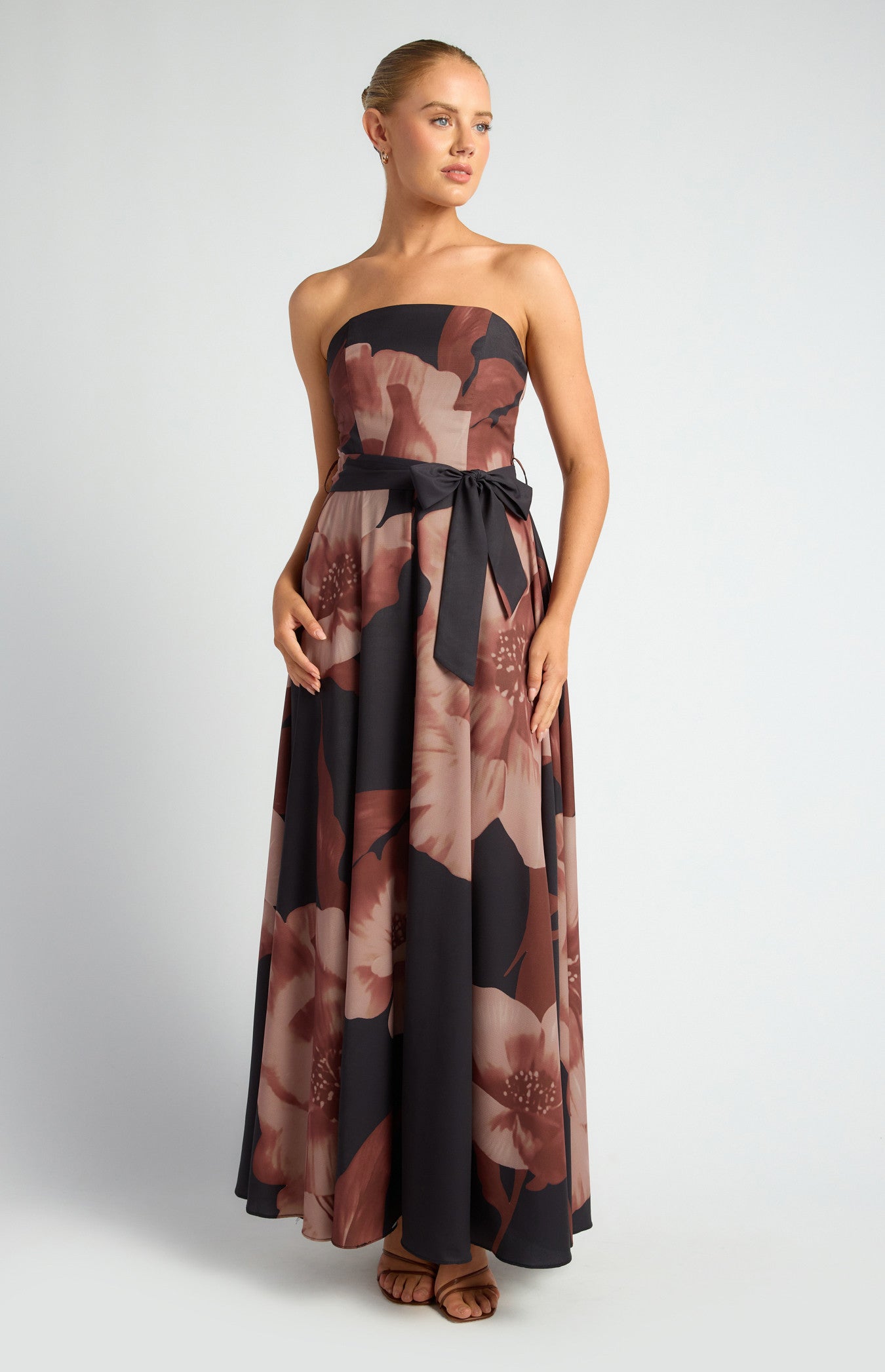 Floral Strapless Maxi Dress with Waist Tie
