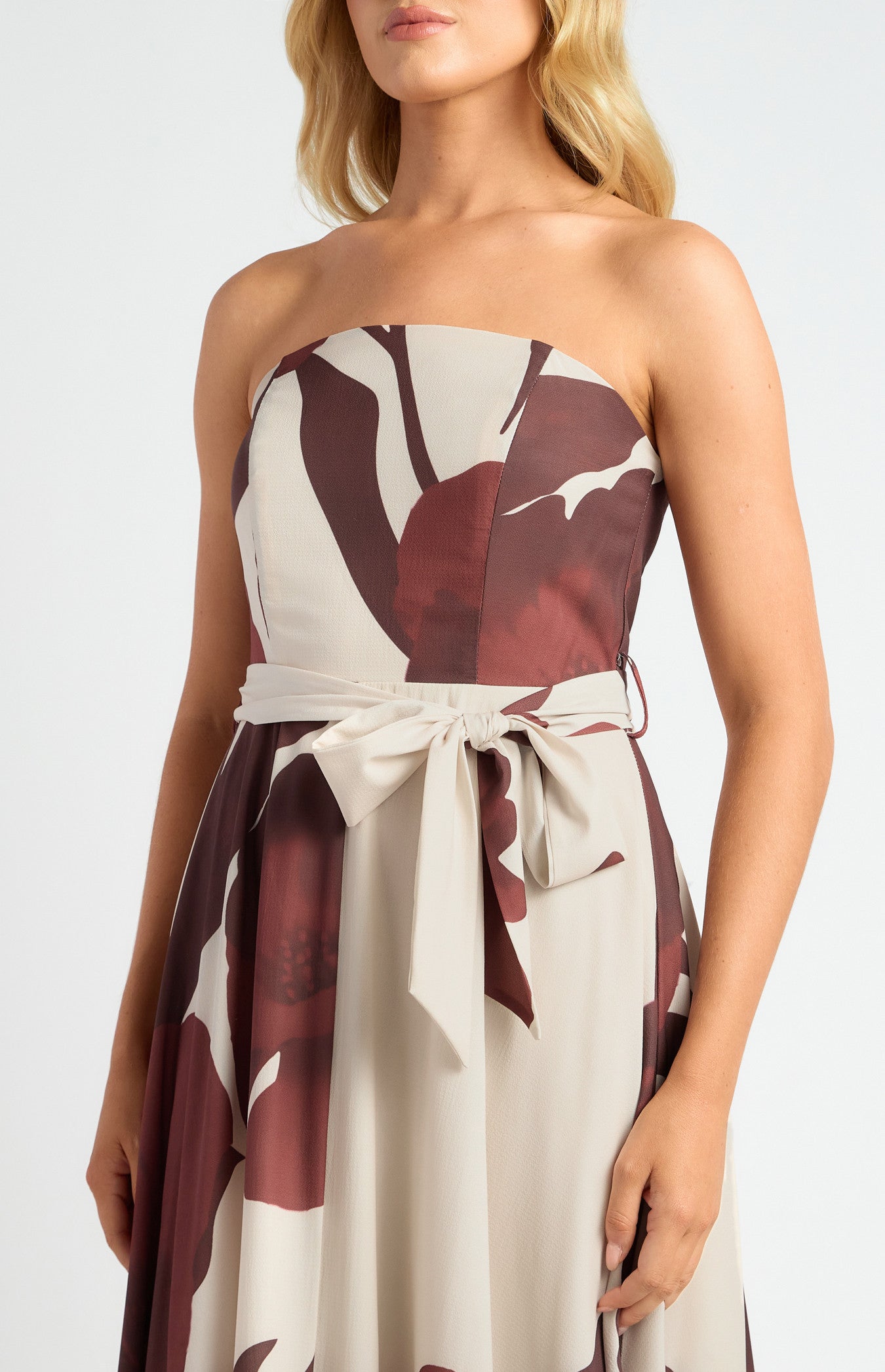 Floral Strapless Maxi Dress with Waist Tie