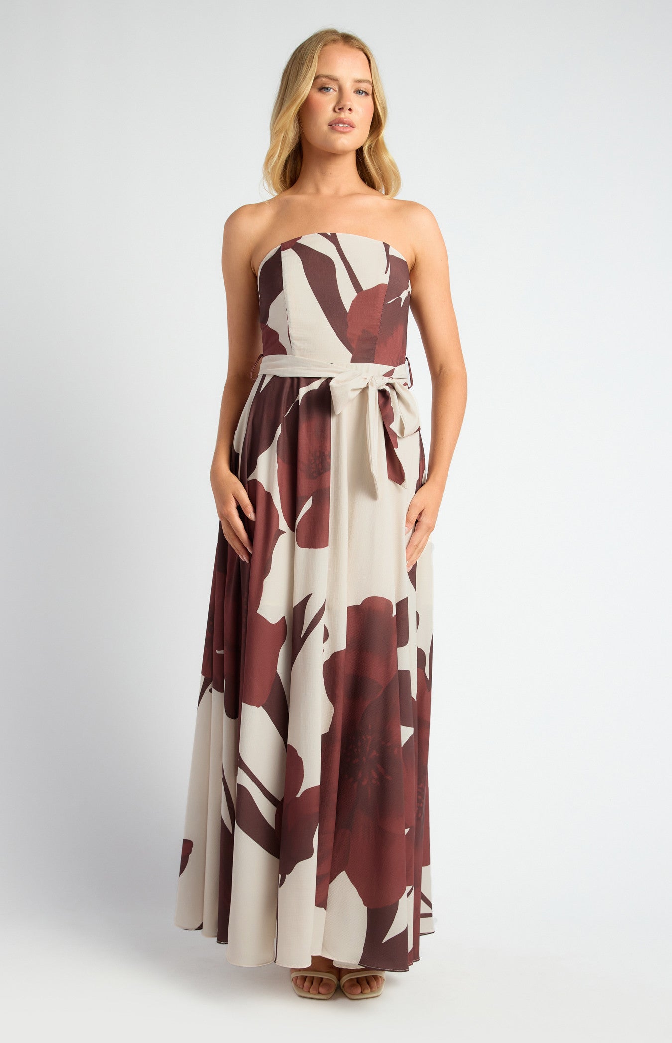 Floral Strapless Maxi Dress with Waist Tie