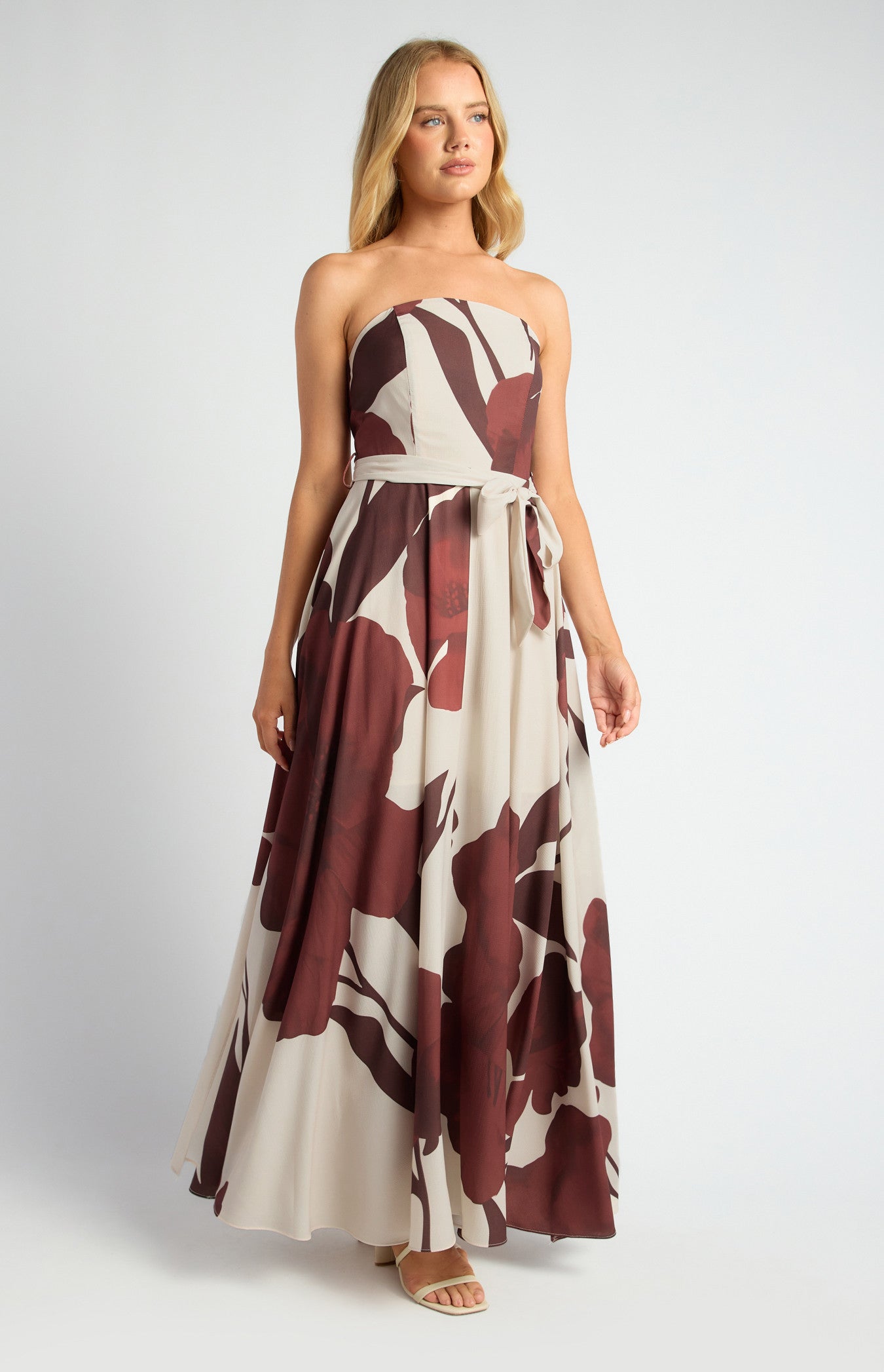 Floral Strapless Maxi Dress with Waist Tie