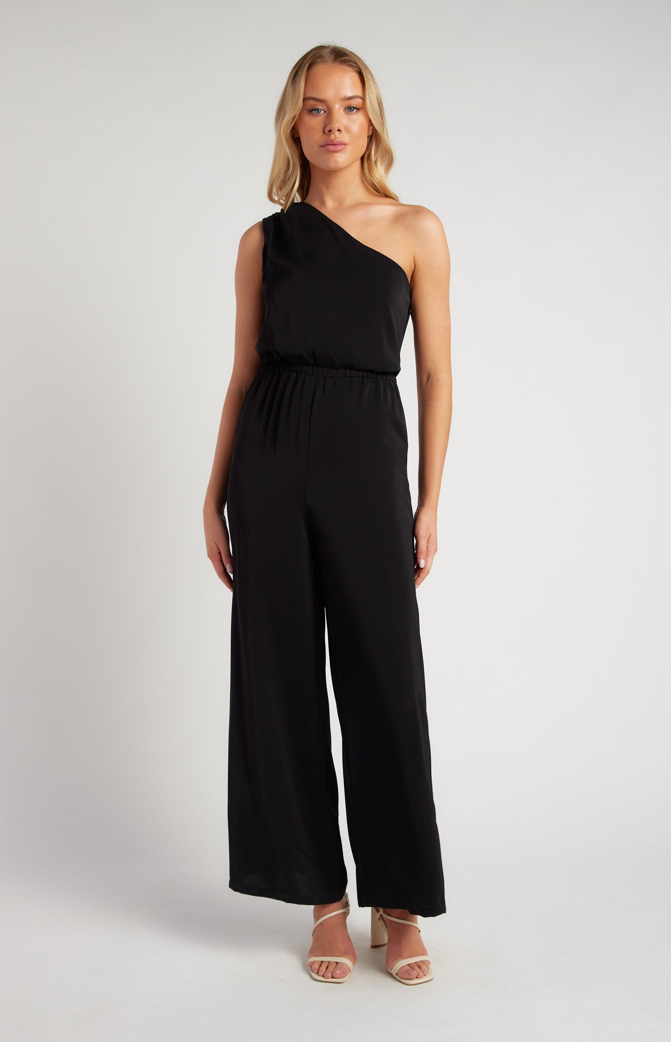 One Shoulder Elastic Waist Scarf Jumpsuit
