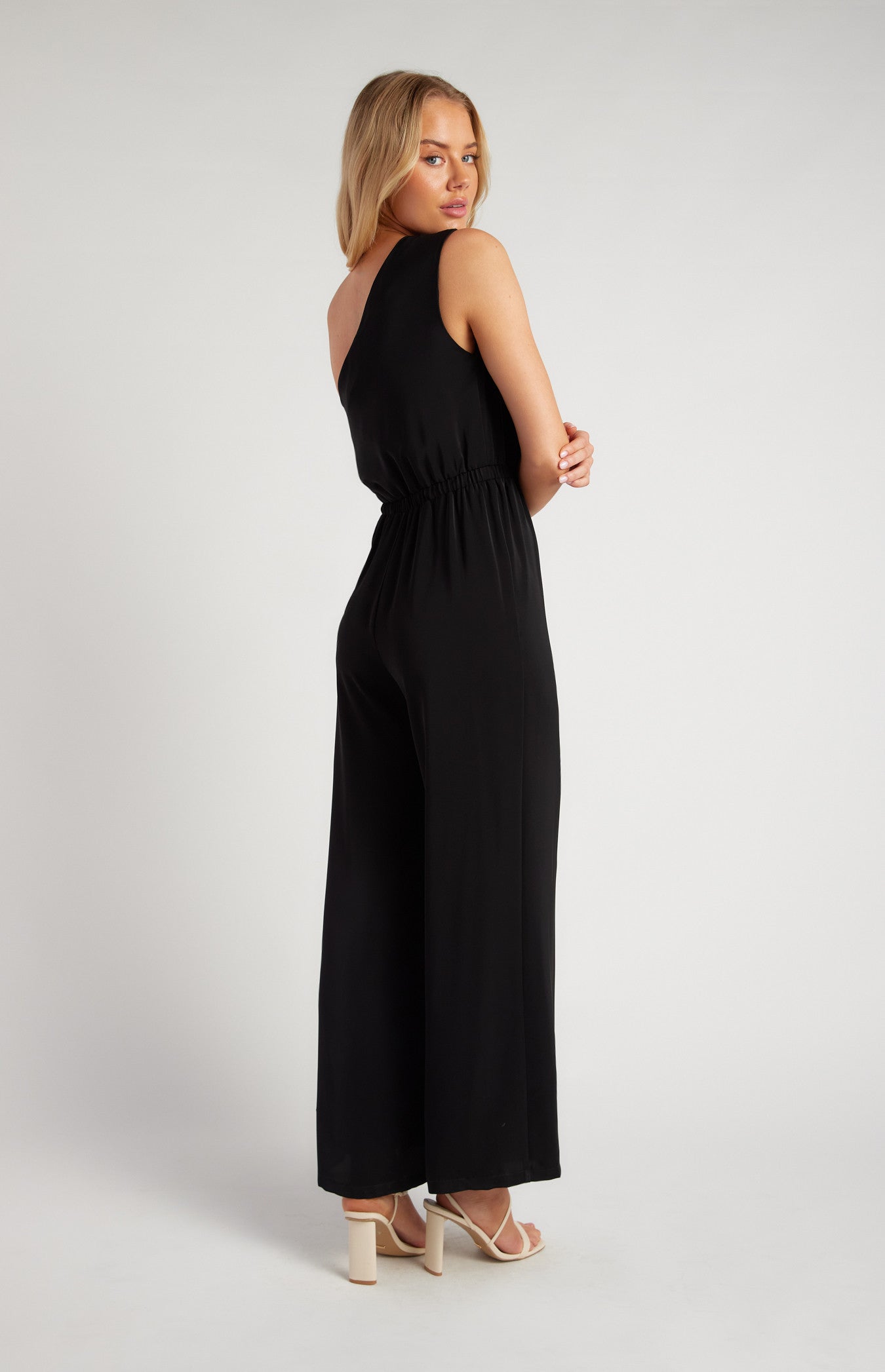 One Shoulder Elastic Waist Scarf Jumpsuit