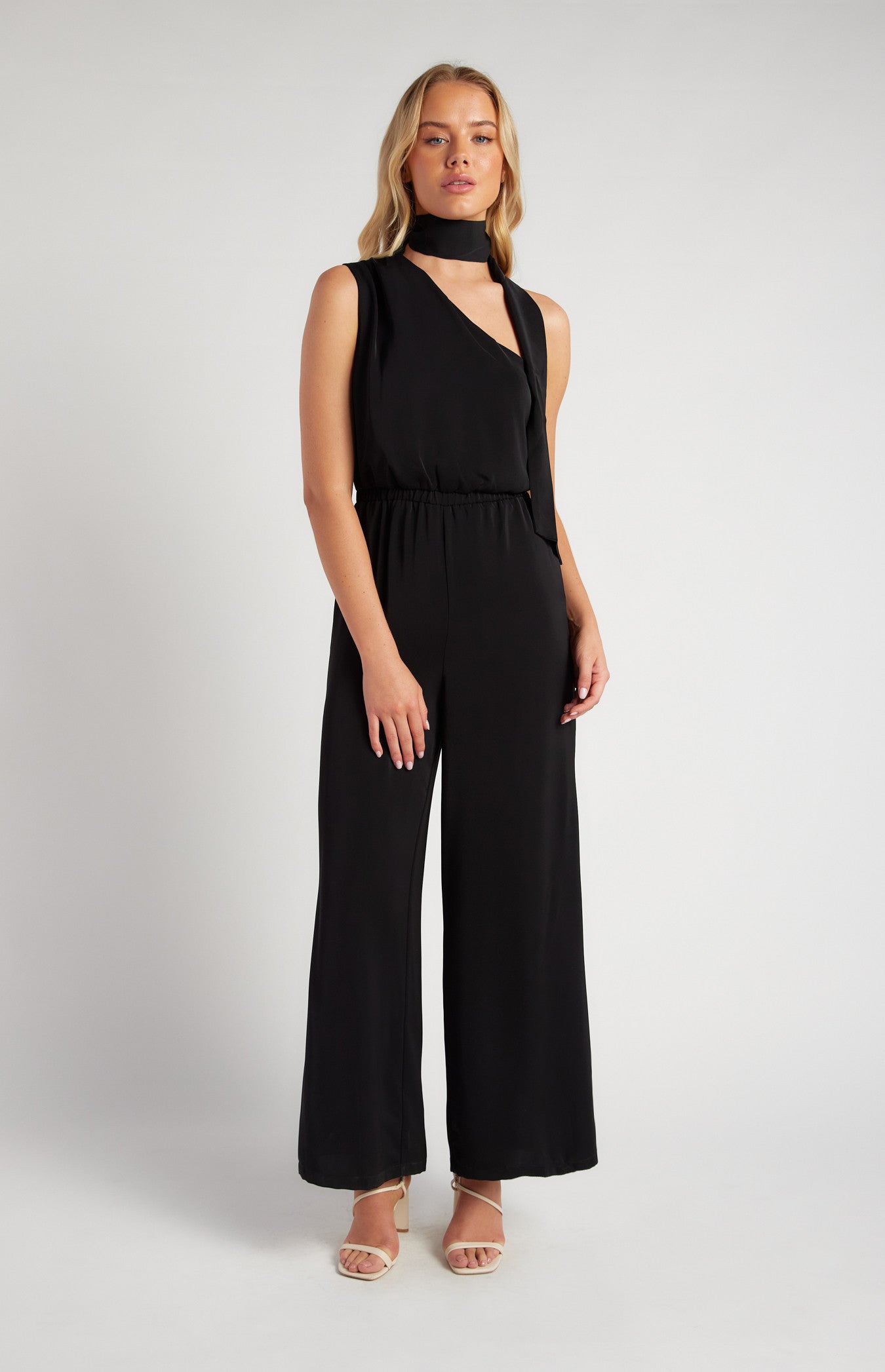 One Shoulder Elastic Waist Scarf Jumpsuit