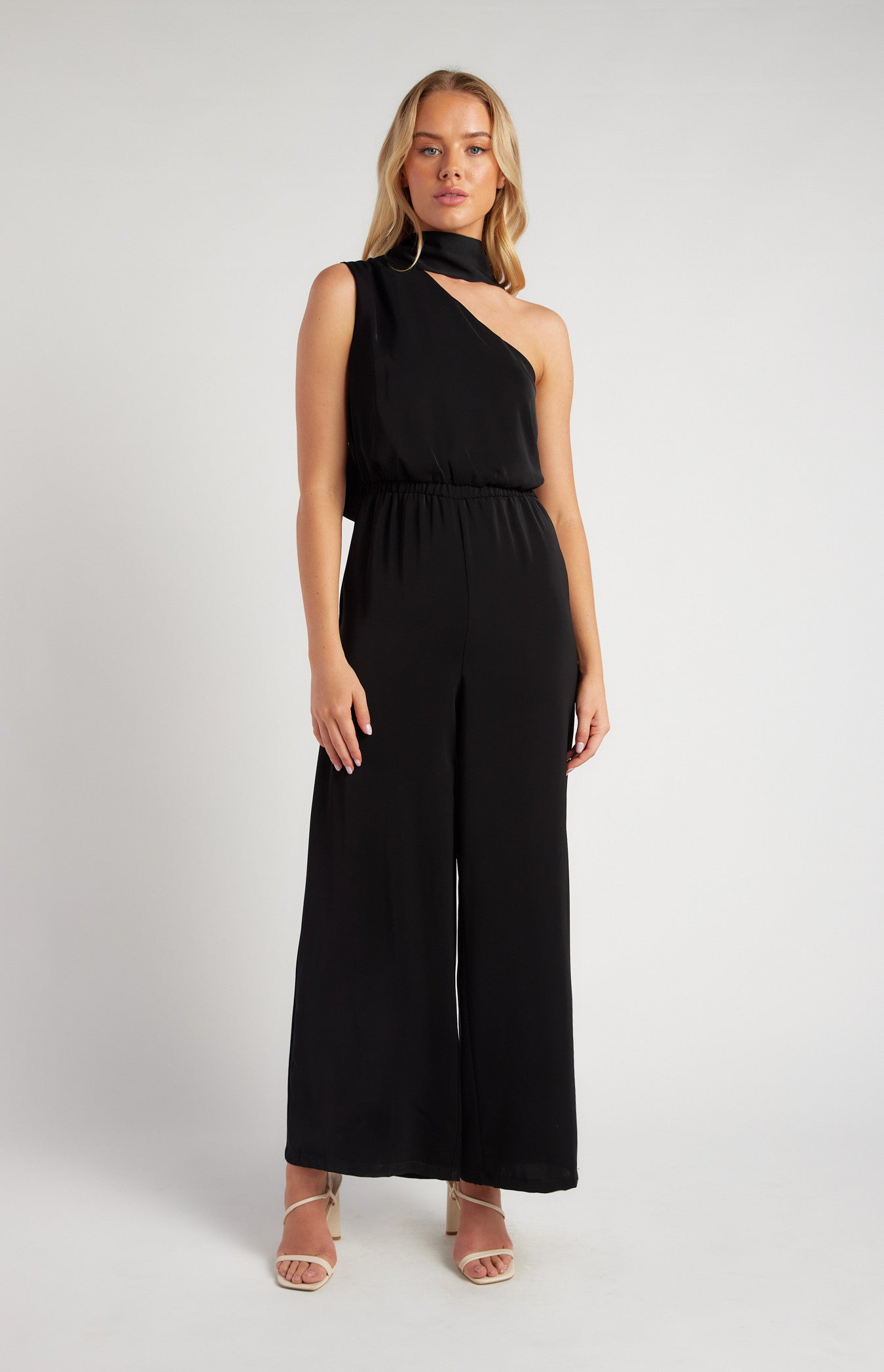 One Shoulder Elastic Waist Scarf Jumpsuit