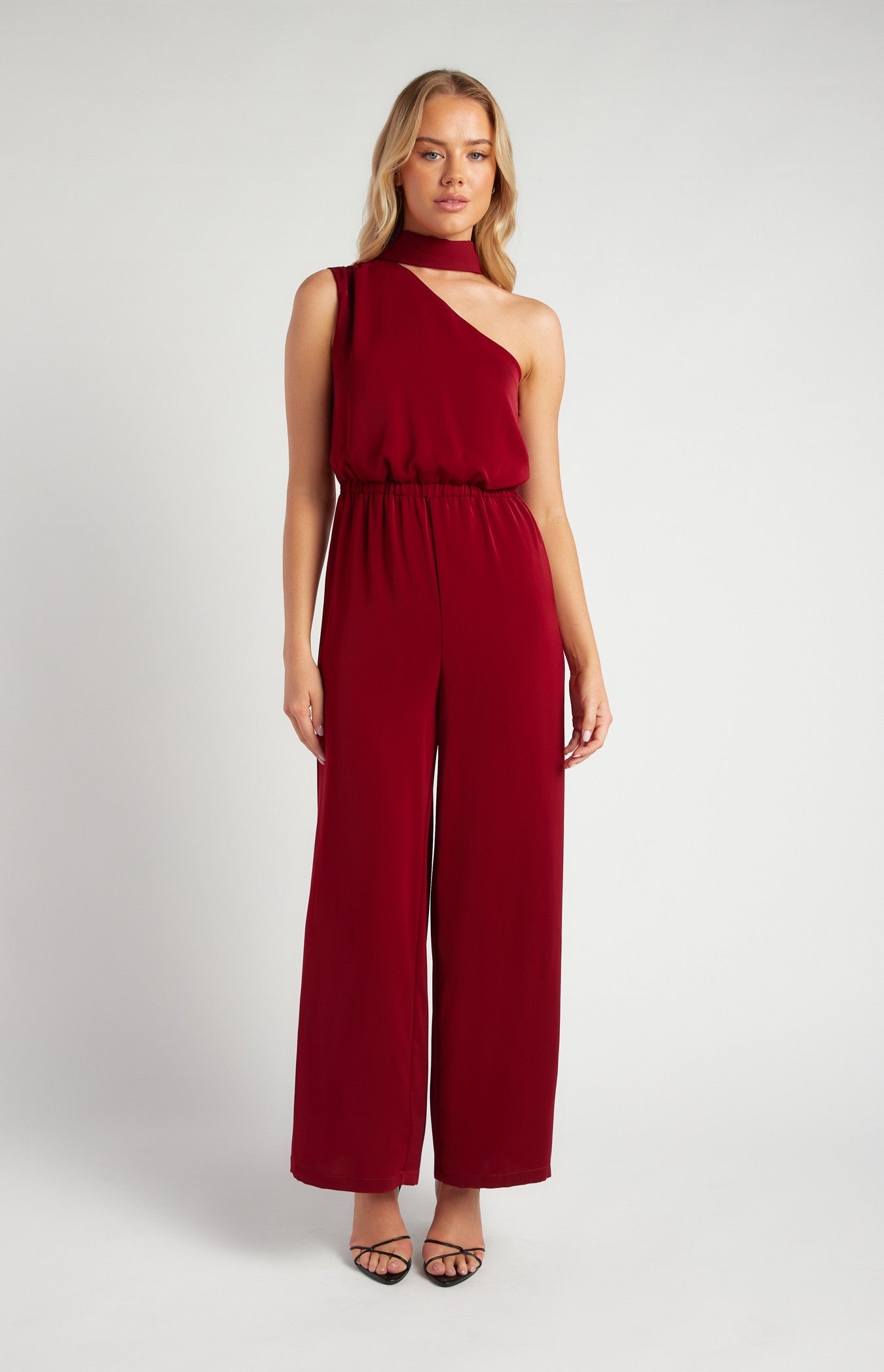 One Shoulder Elastic Waist Scarf Jumpsuit