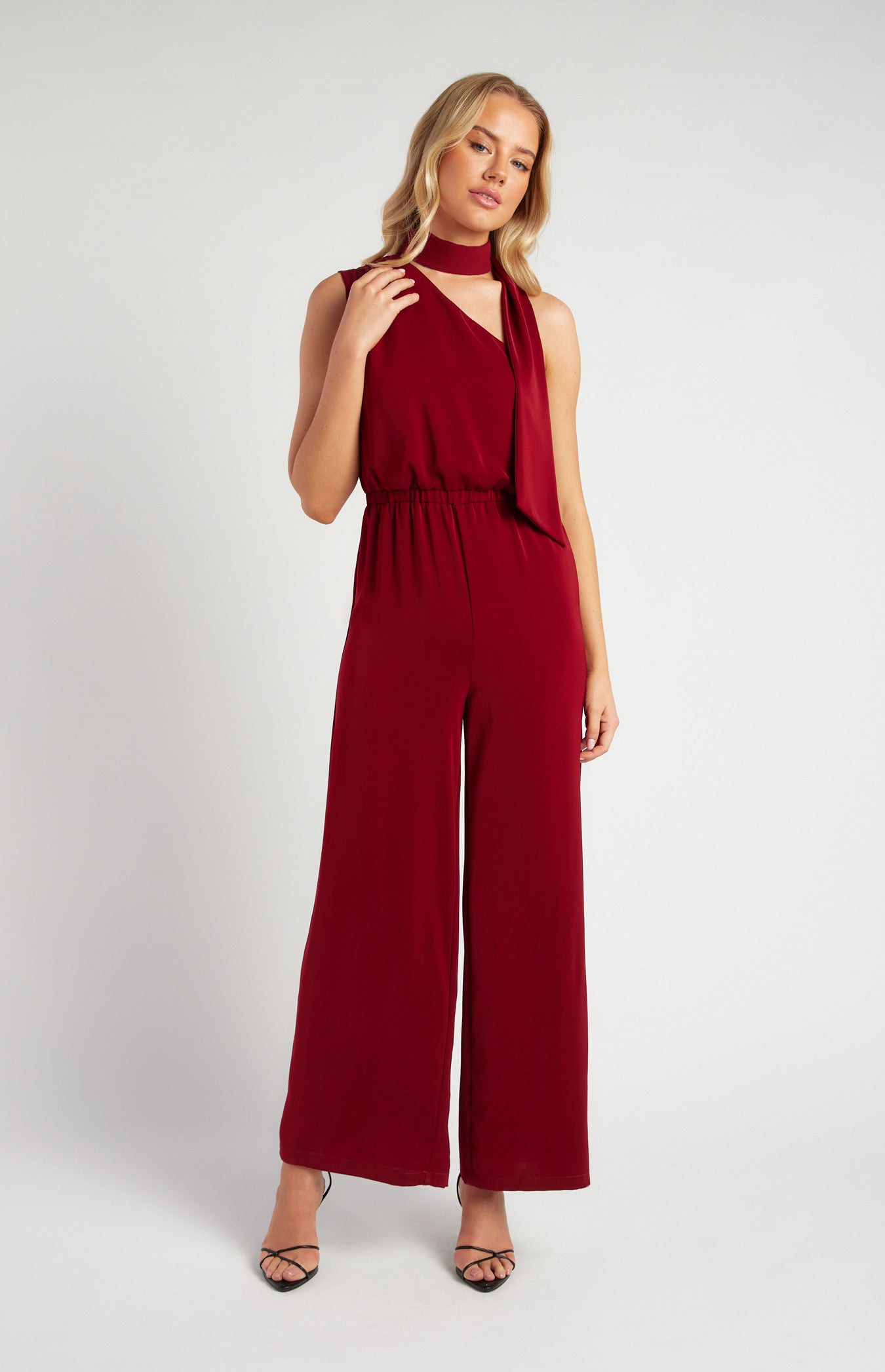 One Shoulder Elastic Waist Scarf Jumpsuit