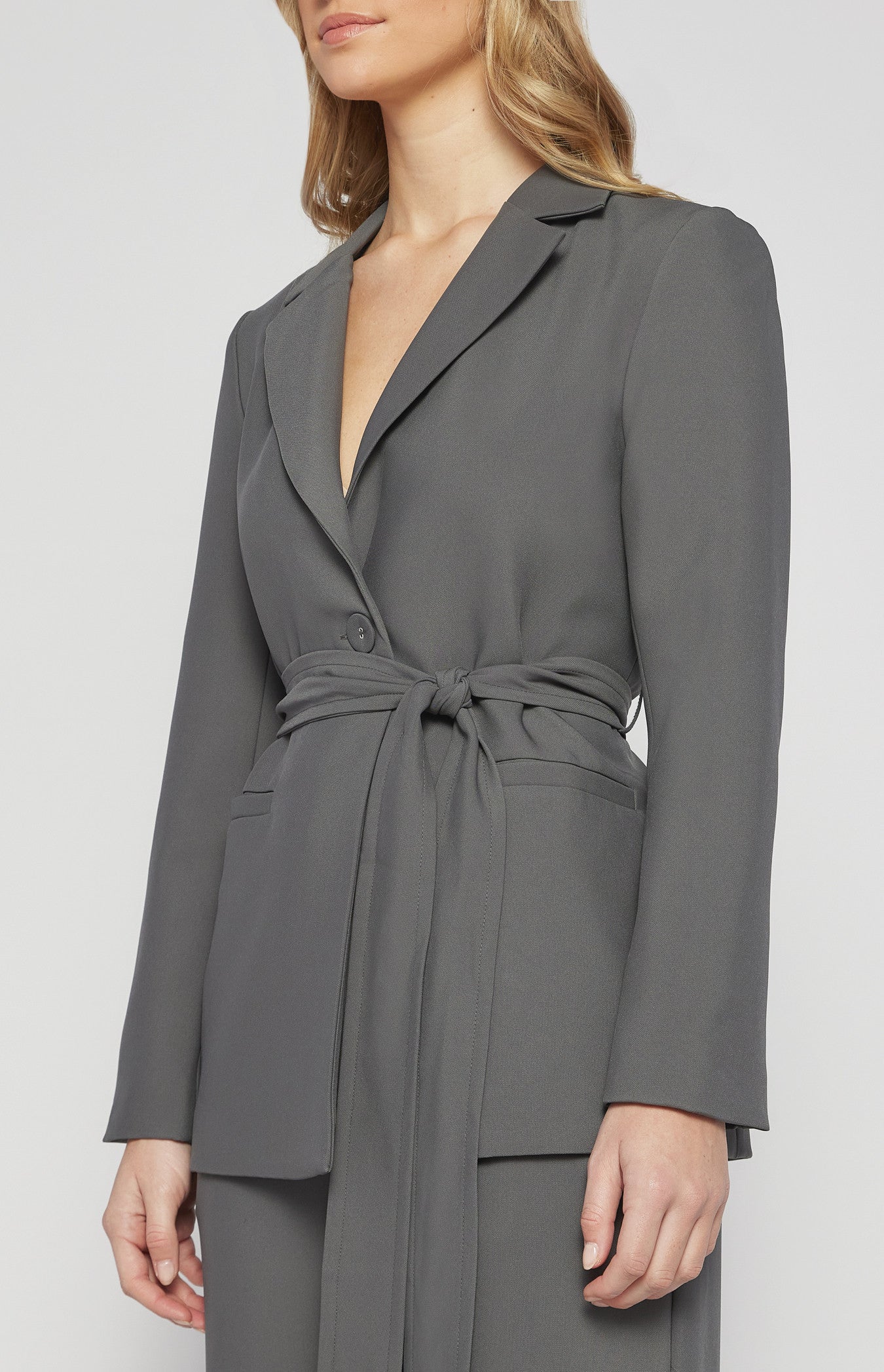 Collared Blazer with Pockets and Tie Belt