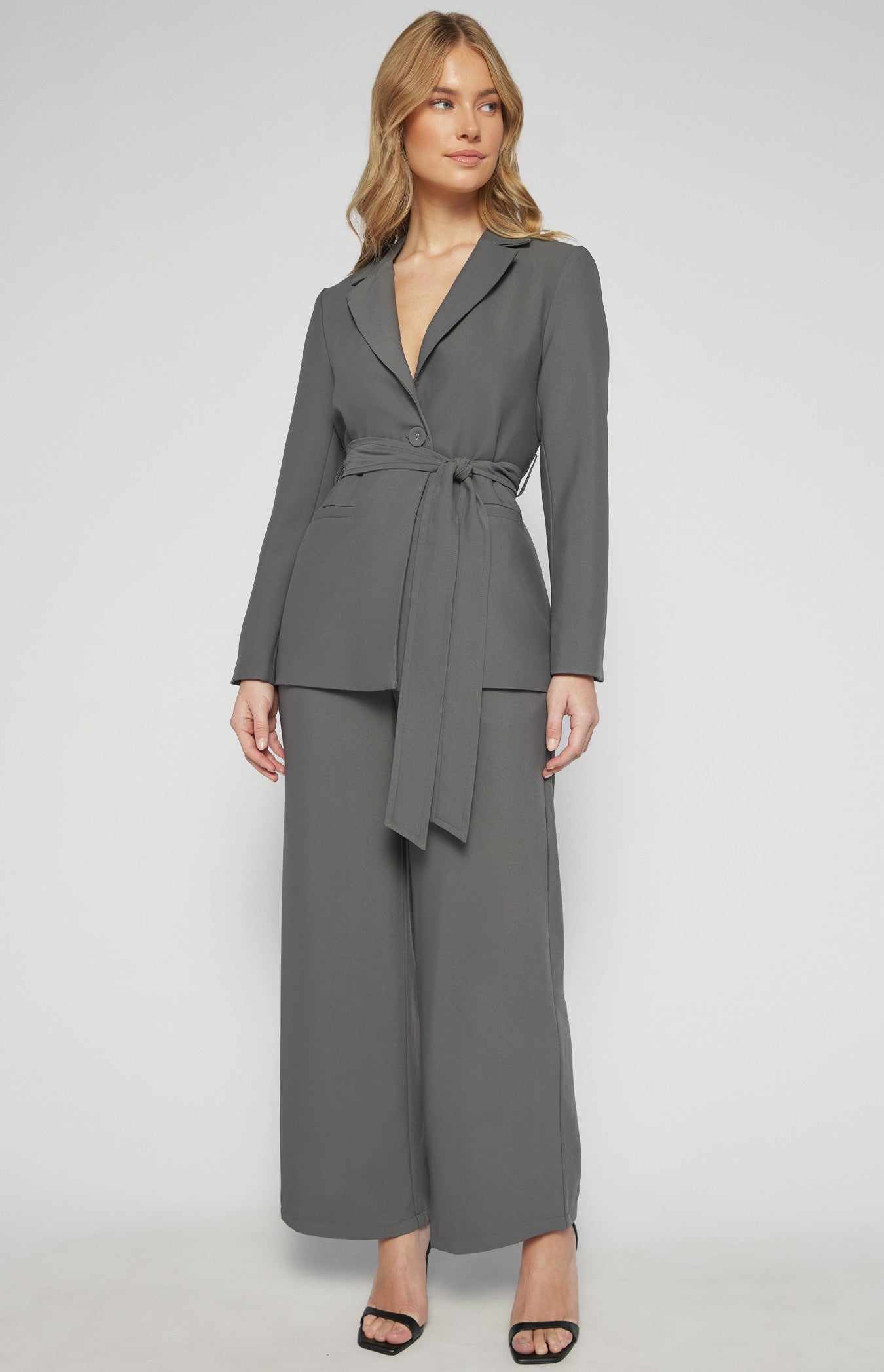 Collared Blazer with Pockets and Tie Belt