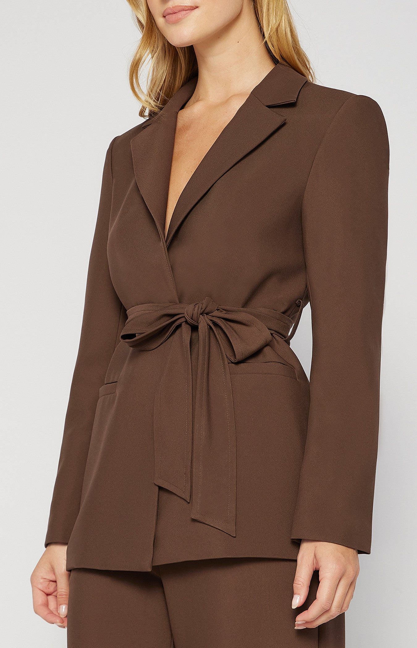 Collared Blazer with Pockets and Tie Belt