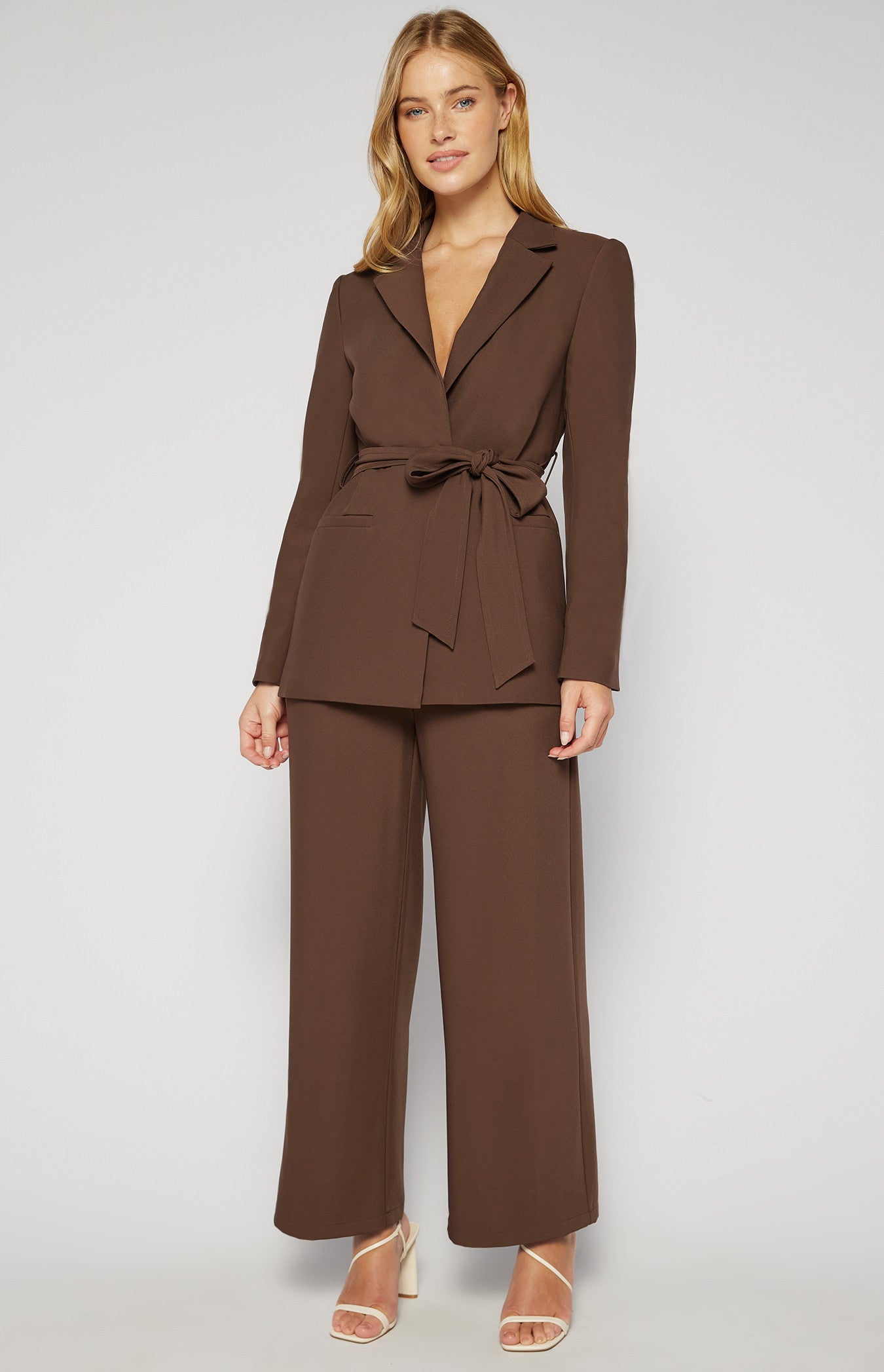 Collared Blazer with Pockets and Tie Belt