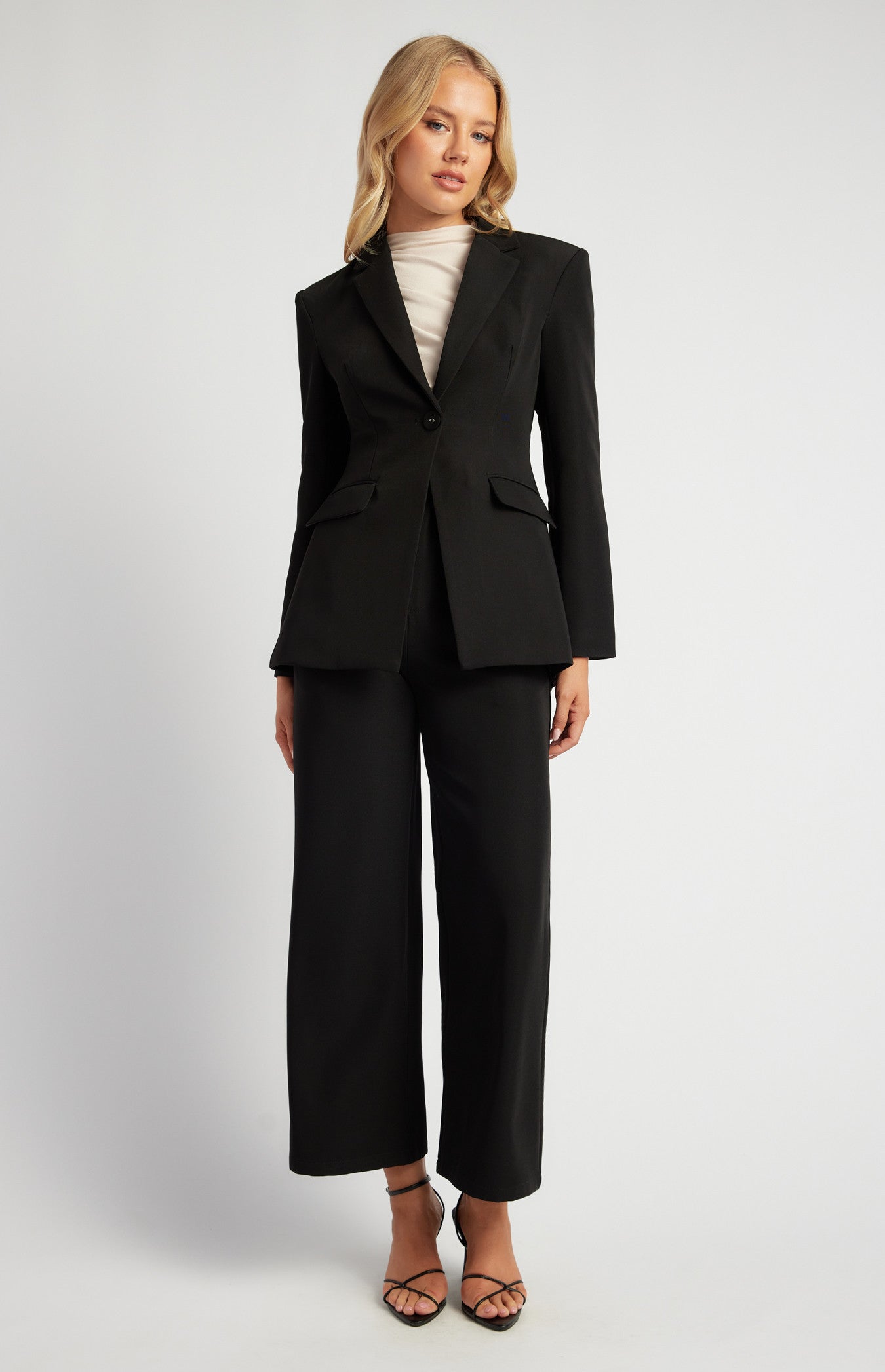 Shoulder Pad Detail Cinched Waist Tailored Look Blazer
