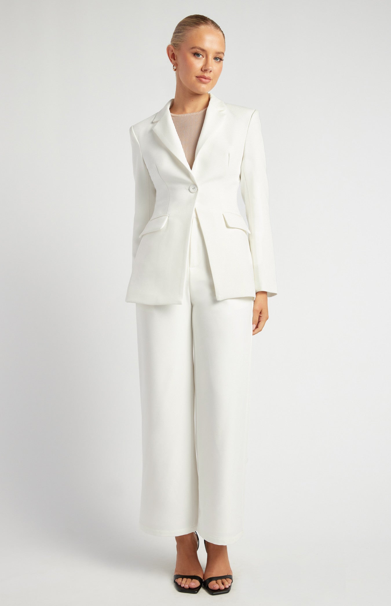 Shoulder Pad Detail Cinched Waist Tailored Look Blazer