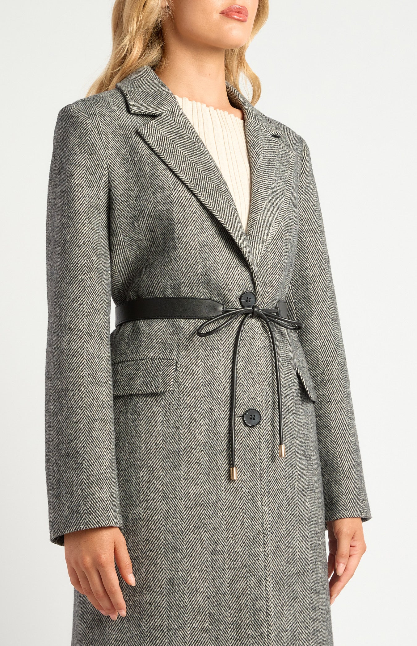 Faux Wool Herringbone Single Breasted Coat with Belt Accessory