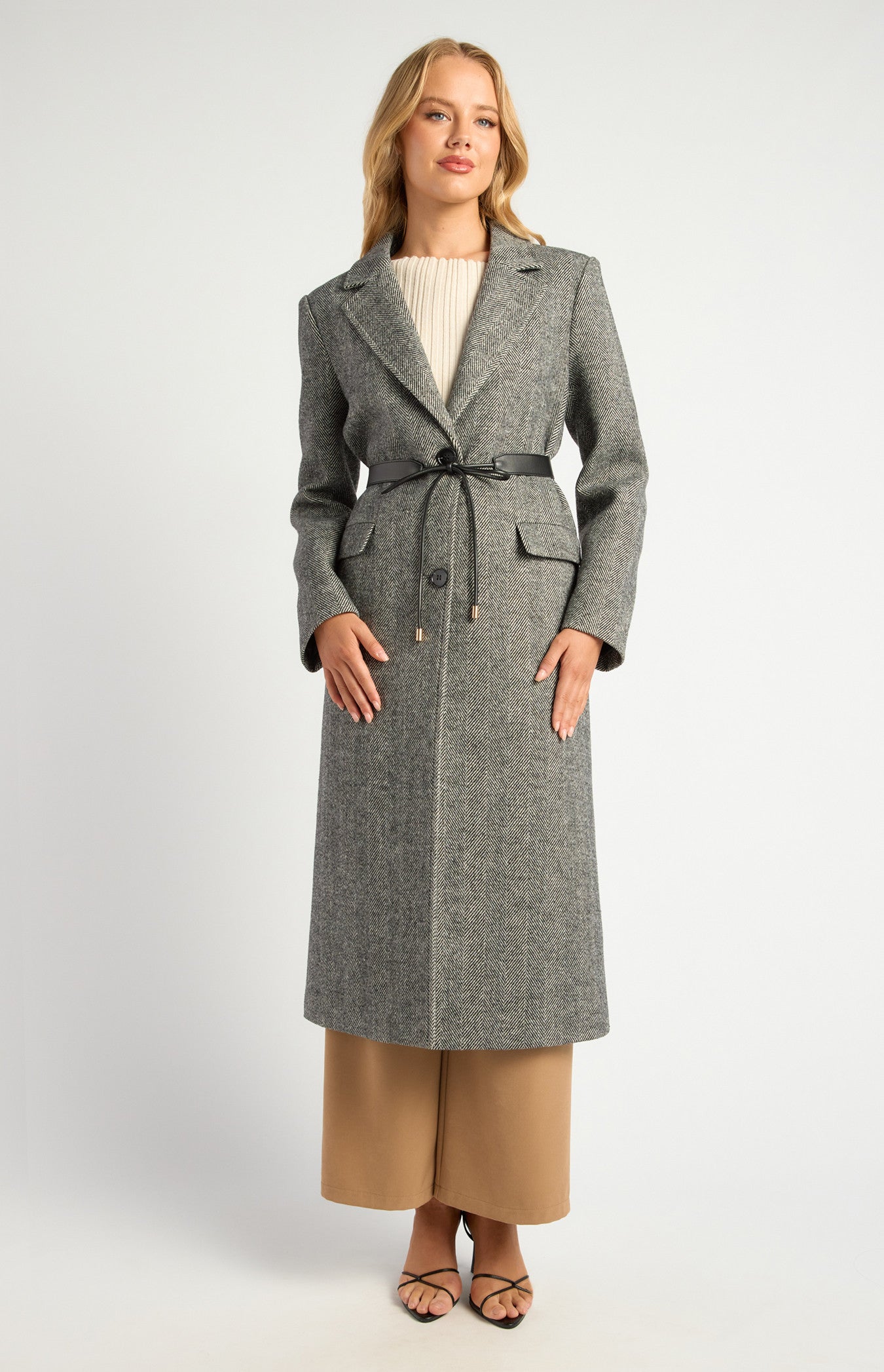 Faux Wool Herringbone Single Breasted Coat with Belt Accessory
