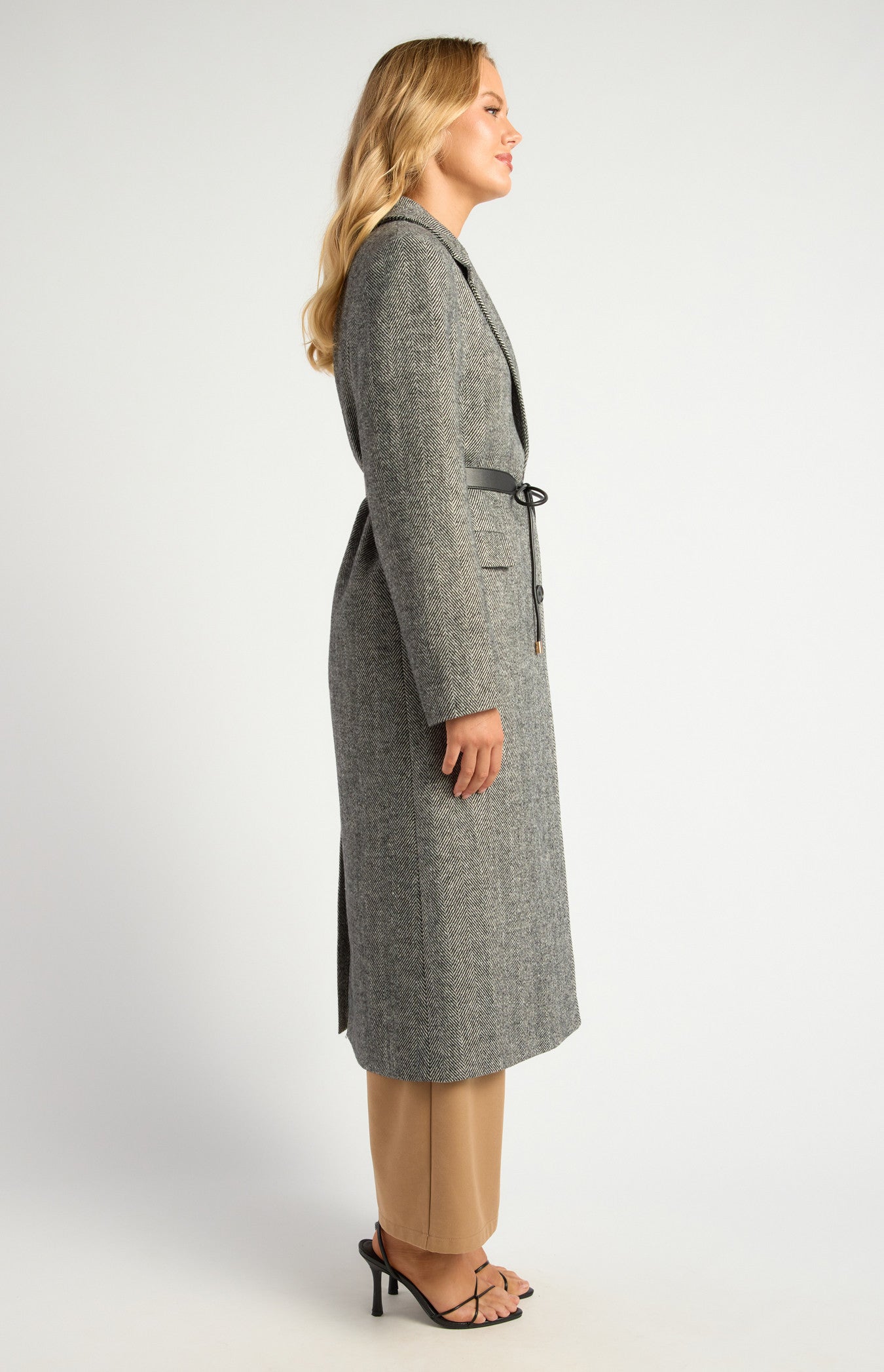 Faux Wool Herringbone Single Breasted Coat with Belt Accessory