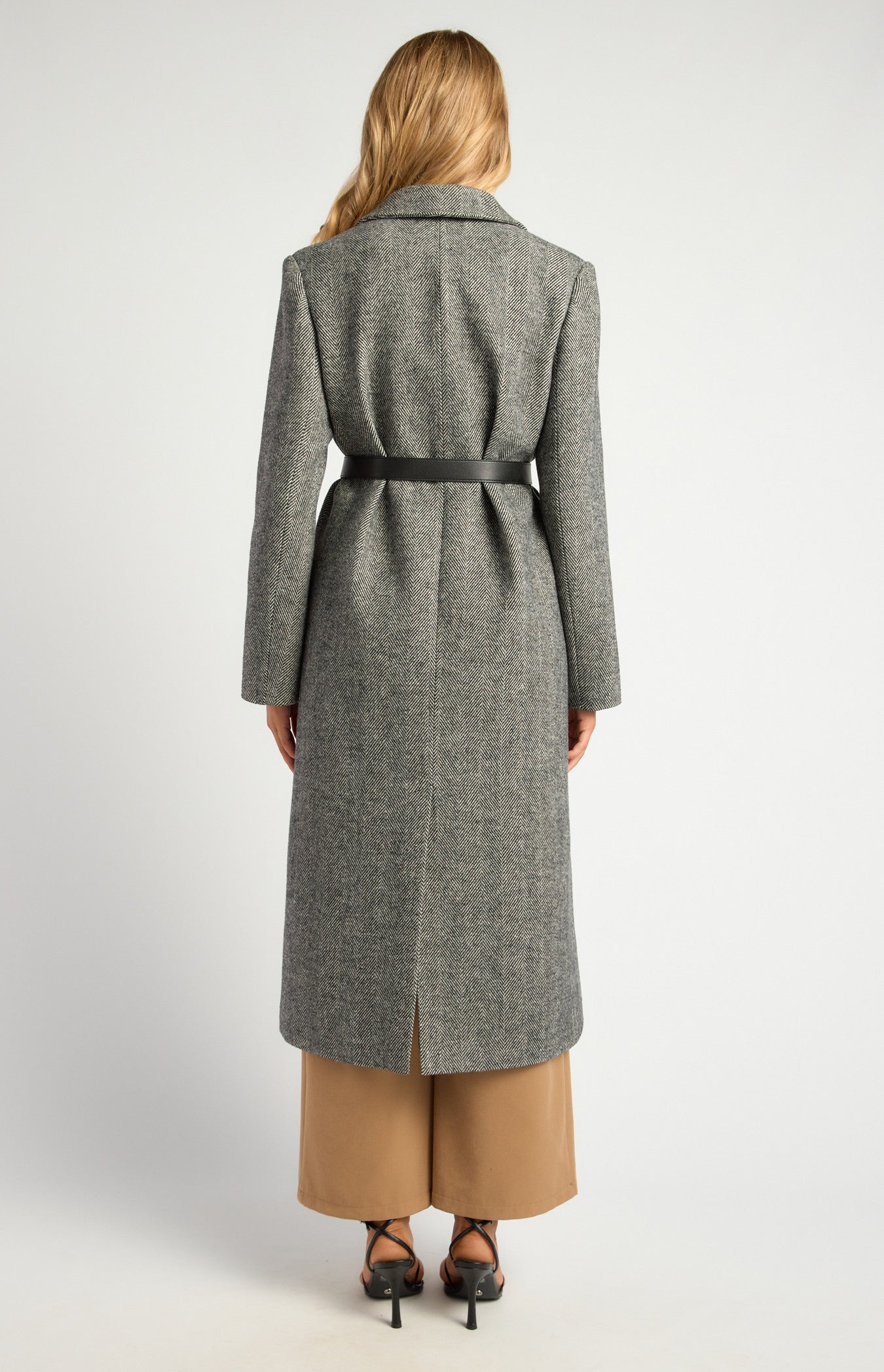 Faux Wool Herringbone Single Breasted Coat with Belt Accessory
