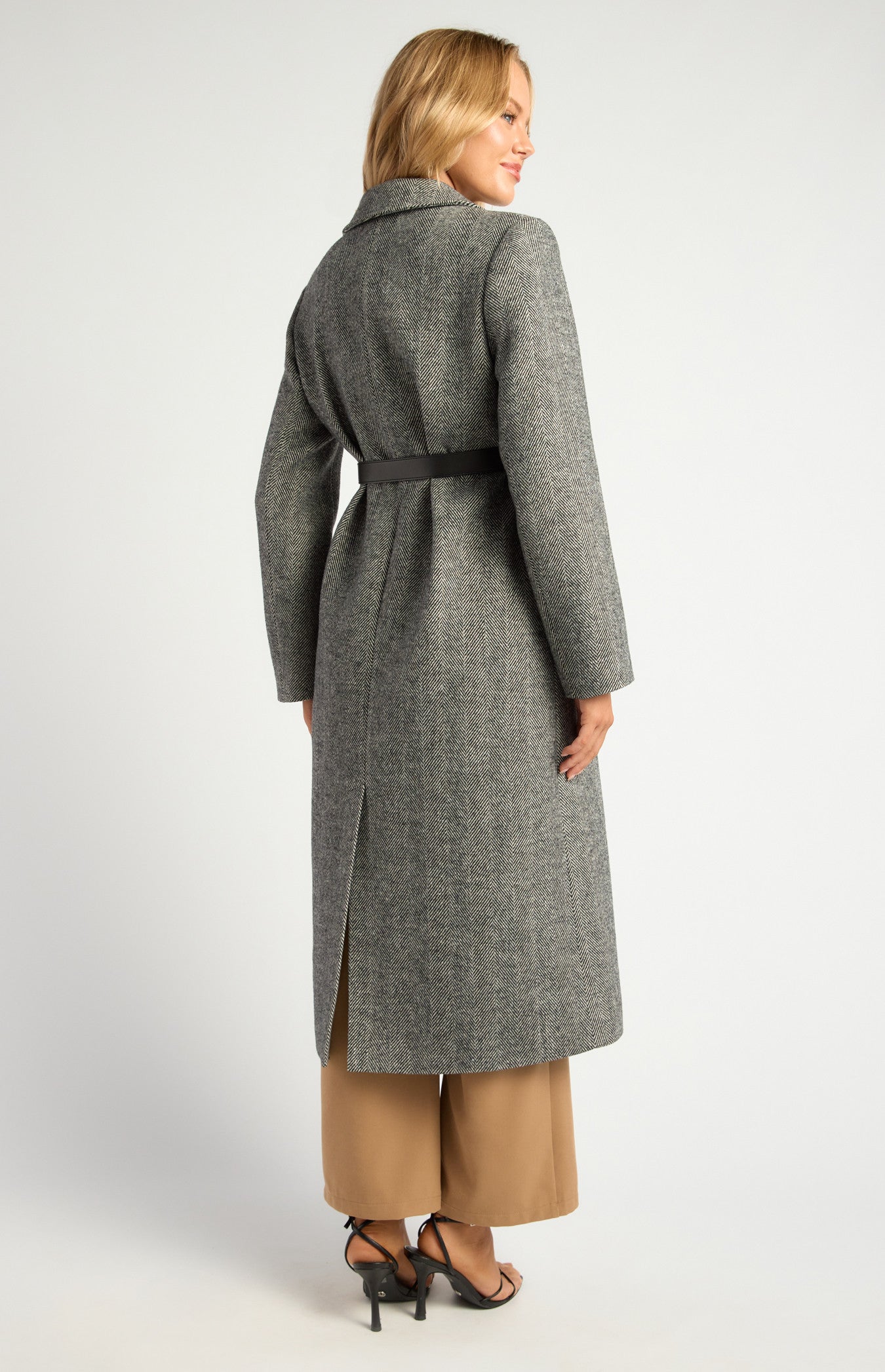 Faux Wool Herringbone Single Breasted Coat with Belt Accessory
