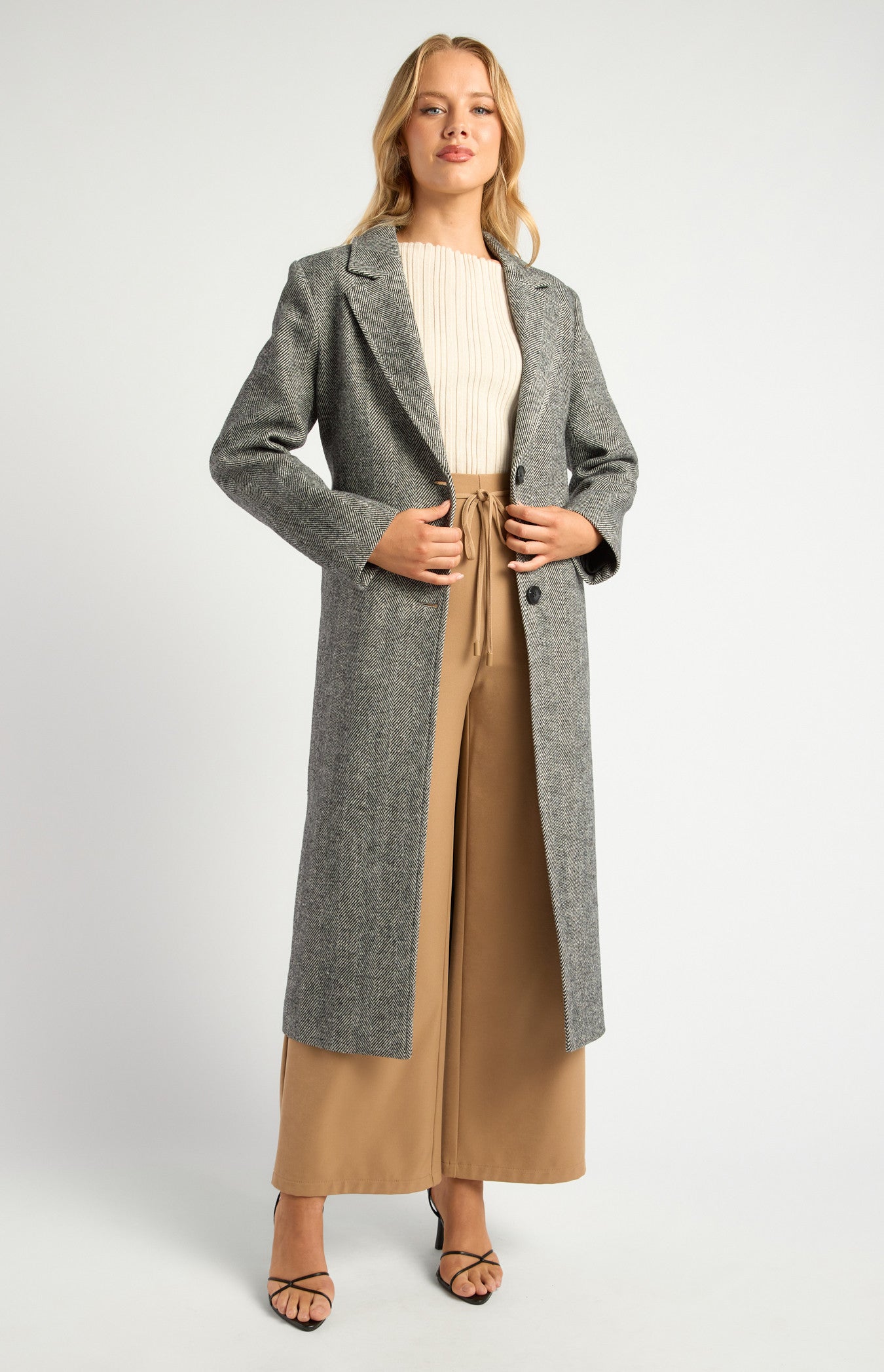 Faux Wool Herringbone Single Breasted Coat with Belt Accessory