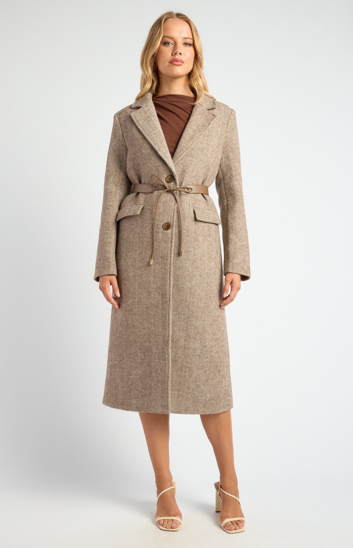 Faux Wool Herringbone Single Breasted Coat with Belt Accessory