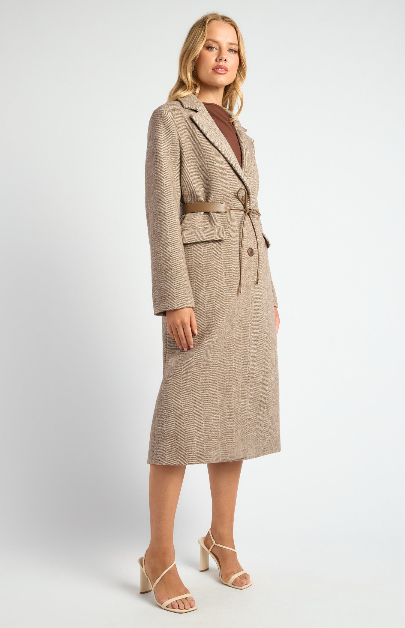 Faux Wool Herringbone Single Breasted Coat with Belt Accessory