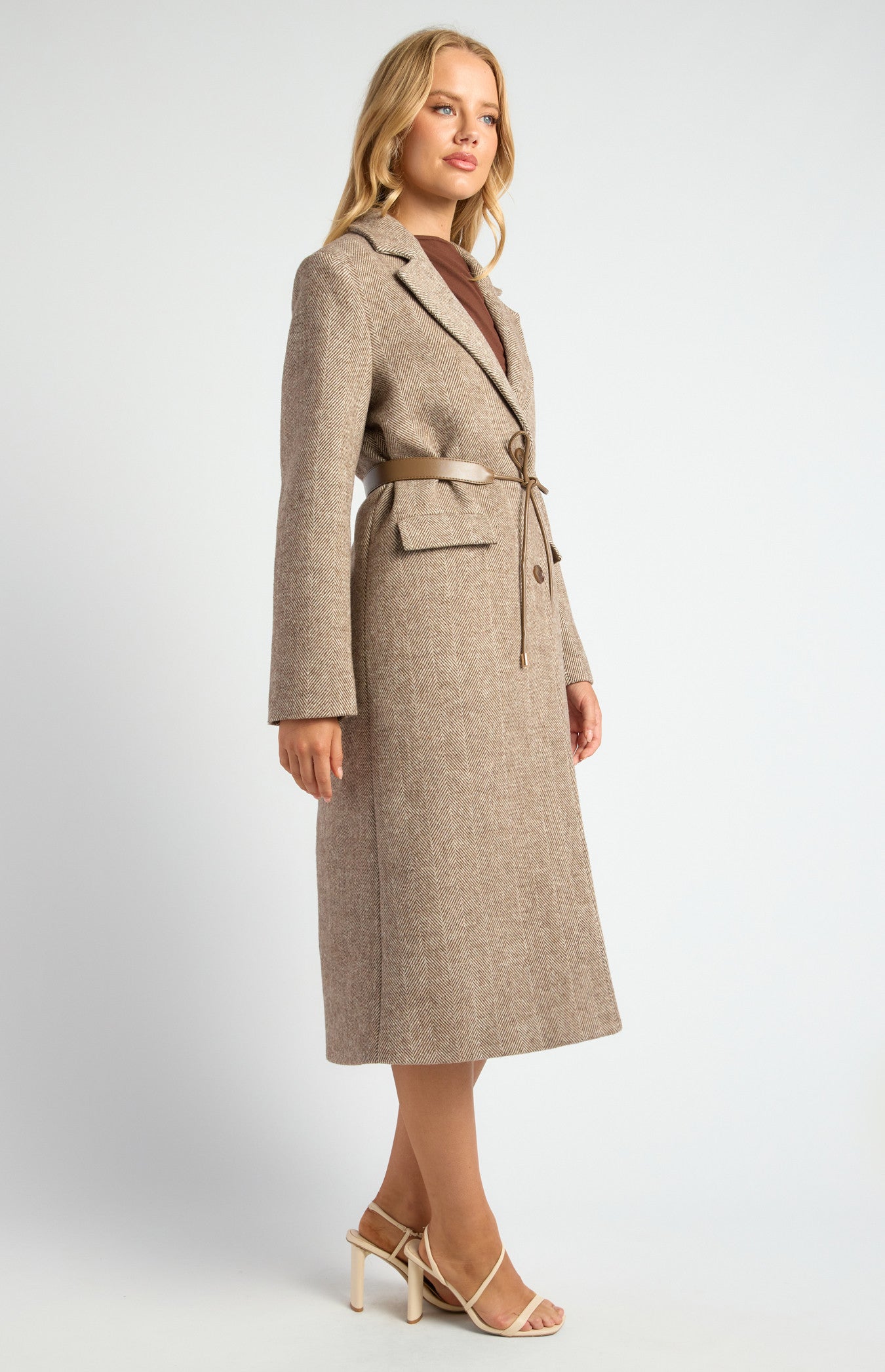 Faux Wool Herringbone Single Breasted Coat with Belt Accessory