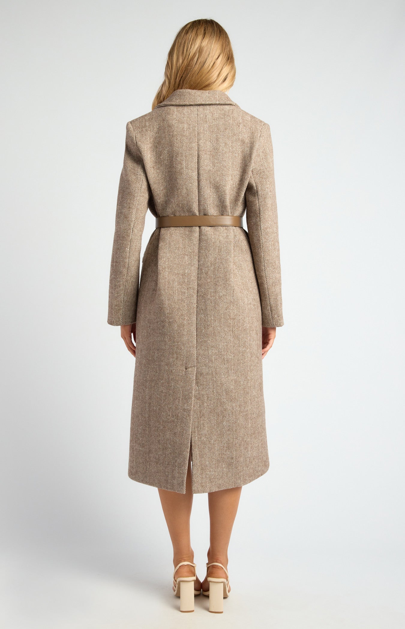 Faux Wool Herringbone Single Breasted Coat with Belt Accessory