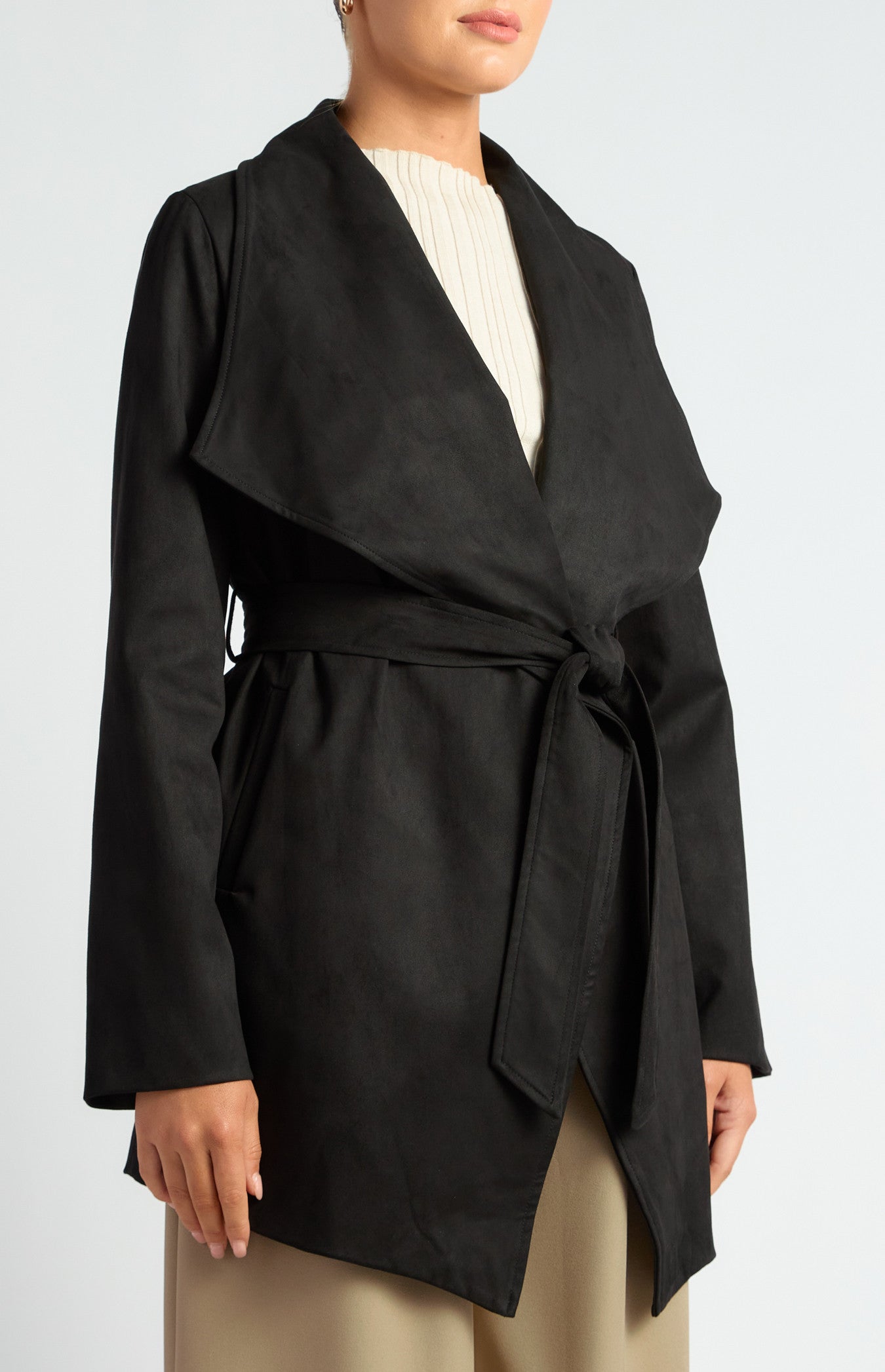 Faux Suede Waterfall Jacket with Waist Tie and Pockets