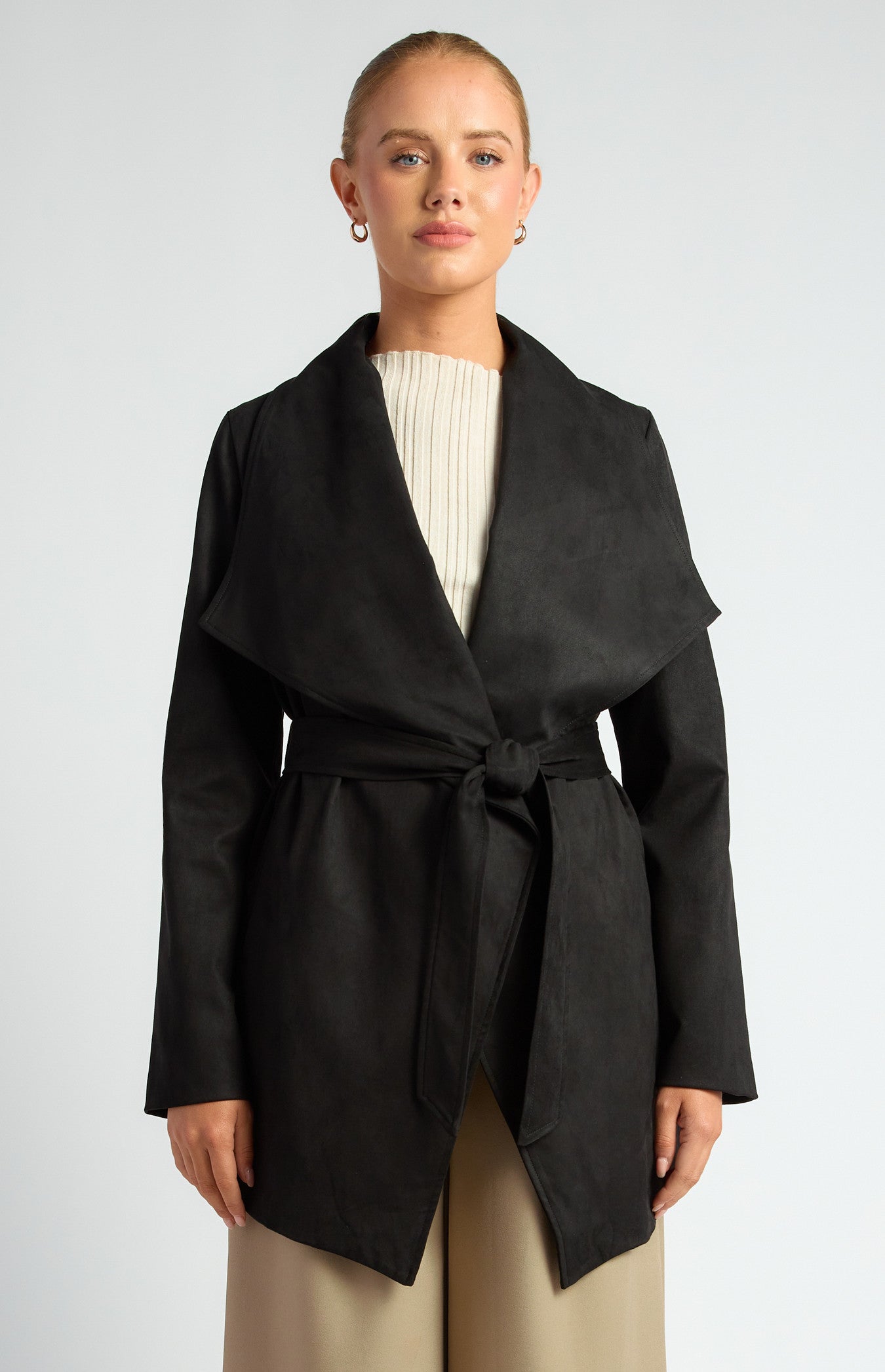 Faux Suede Waterfall Jacket with Waist Tie and Pockets