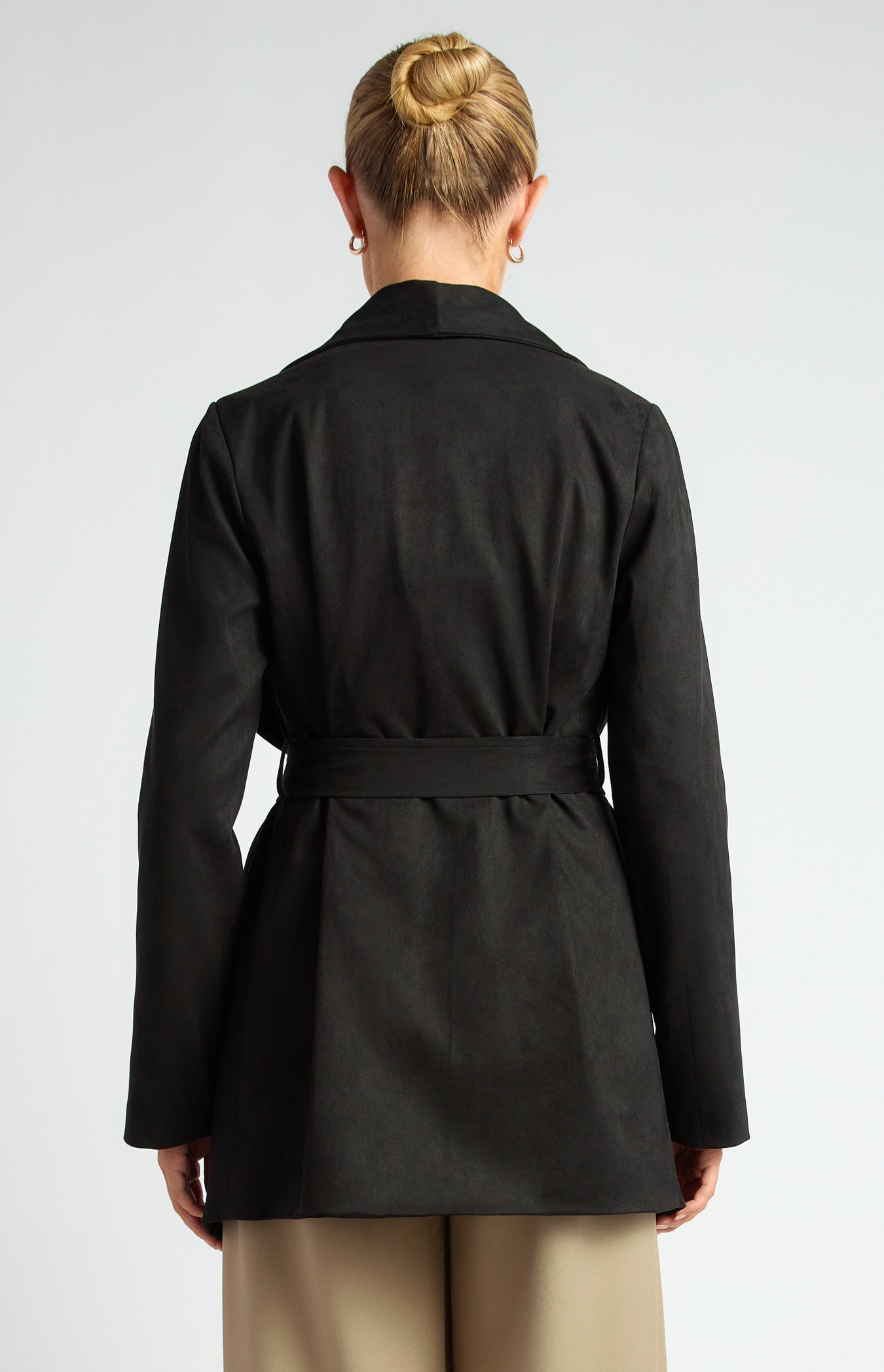 Faux Suede Waterfall Jacket with Waist Tie and Pockets