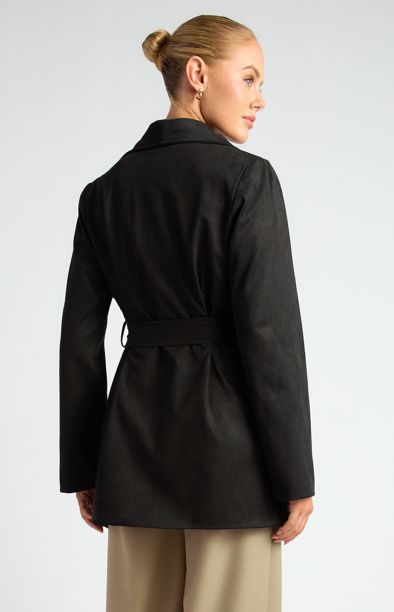 Faux Suede Waterfall Jacket with Waist Tie and Pockets