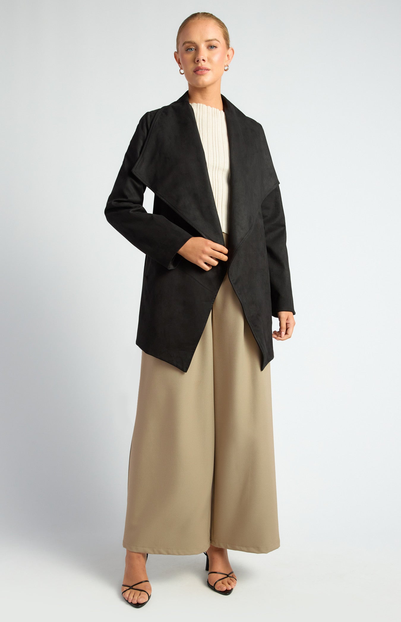 Faux Suede Waterfall Jacket with Waist Tie and Pockets