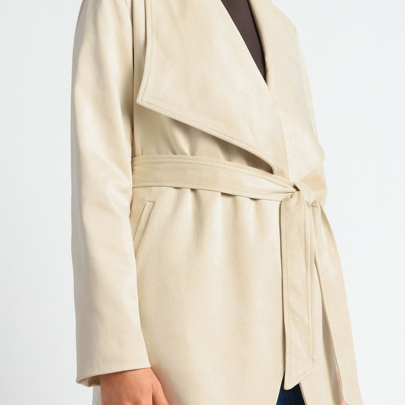Faux Suede Waterfall Jacket with Waist Tie and Pockets