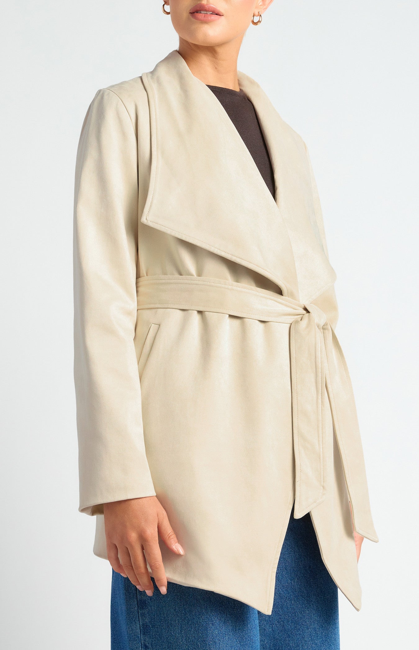 Faux Suede Waterfall Jacket with Waist Tie and Pockets